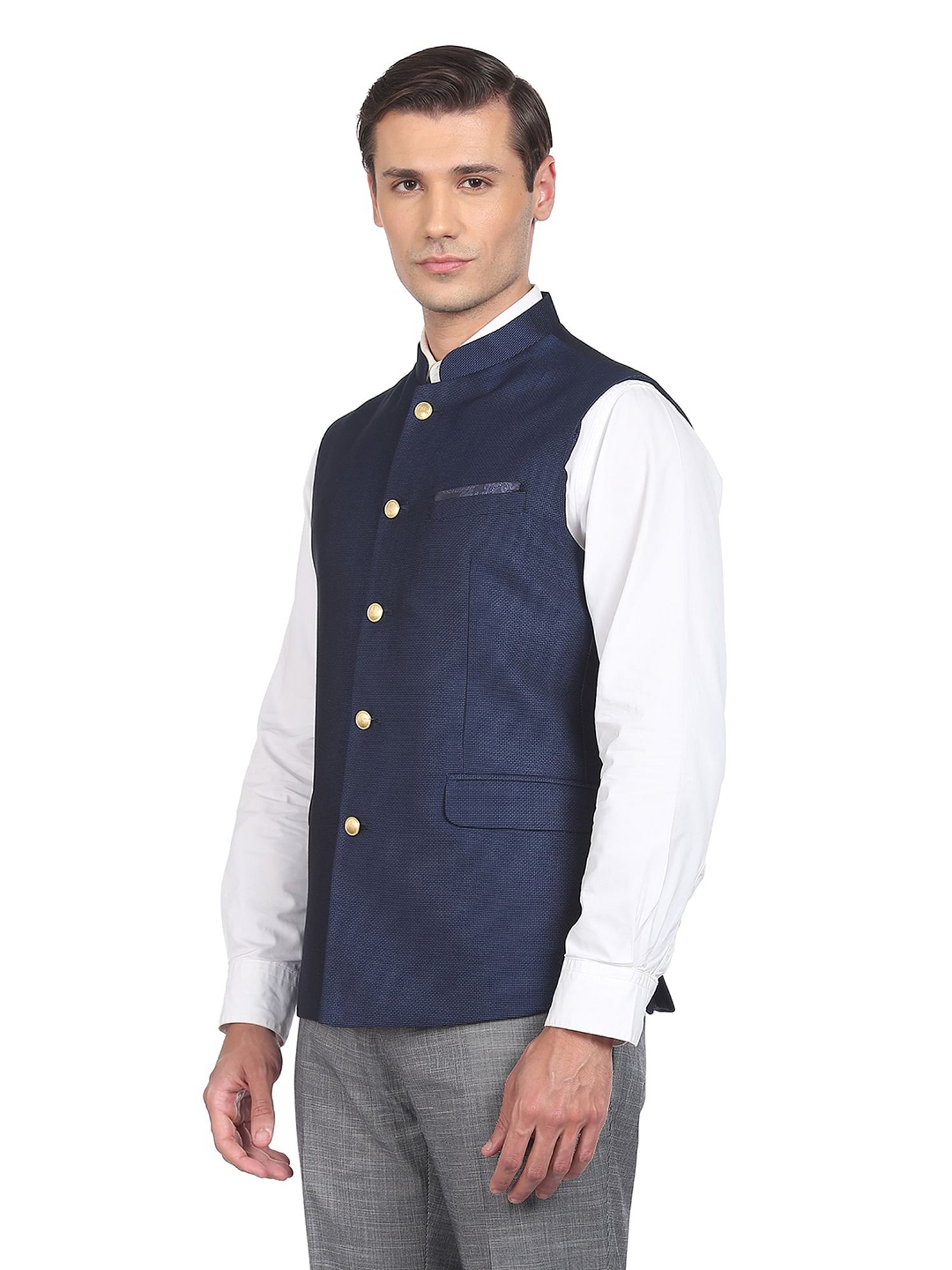 AD by Arvind Navy Mandarin Collar Nehru Jacket