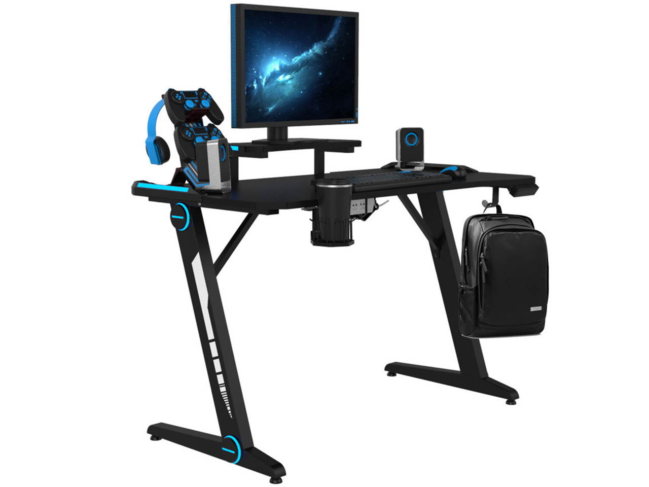 Gaming Desk, Z-Shaped Computer Desk Gamer Workstation with Monitor Stand&Carbon Fiber Surface, Gamer Table with RGB Lights,Cup Holder, Headphone Hook&Plug Board Holder