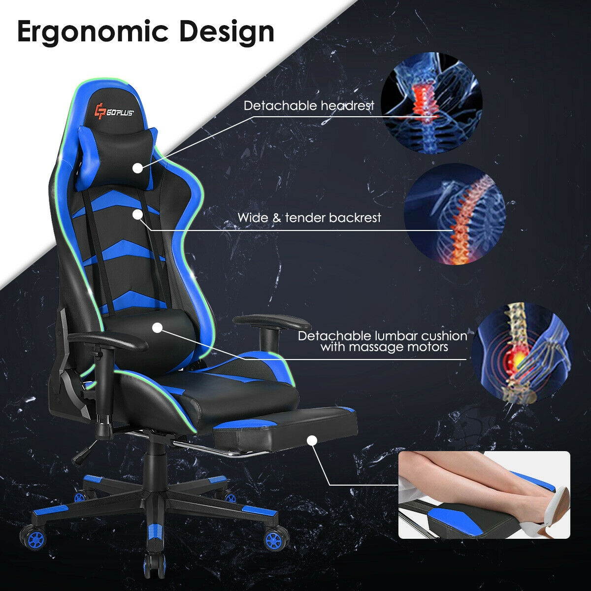 Massage LED Gaming Chair Reclining Racing Chair w/Lumbar Support&Footrest Red