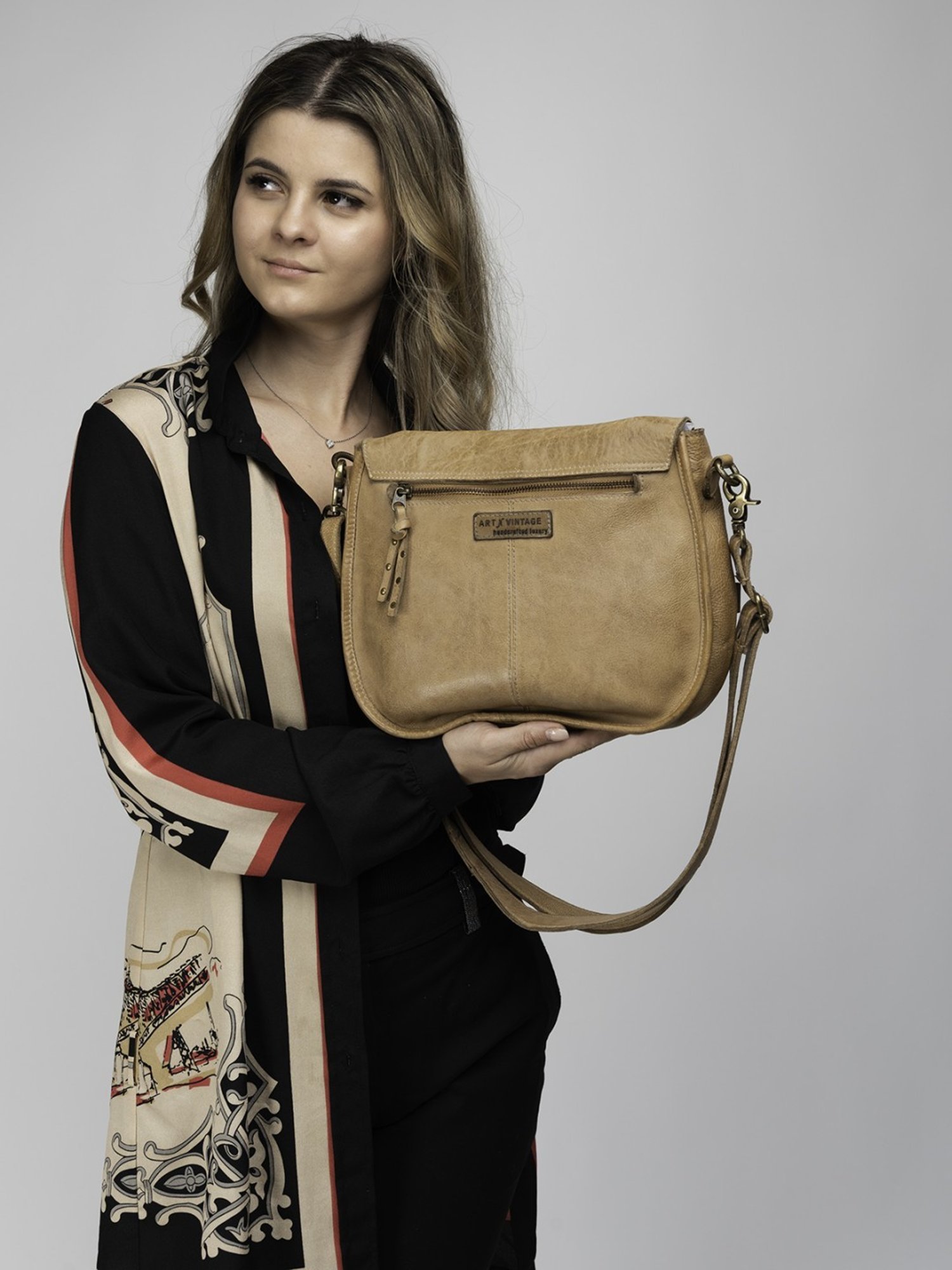 Art N Vintage Carob Sand Leather Textured Medium Sling Handbag