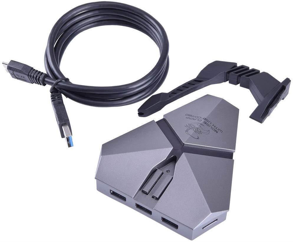 Gaming Mouse Bungee Cord Holder with 3-Ports USB 3.0 HUB,1 Micro SD Reader,Seven Changing Backlit,Fast Charging&High Speed,Cable Management & Increased Accuracy for Pro eSports &Competitive Games