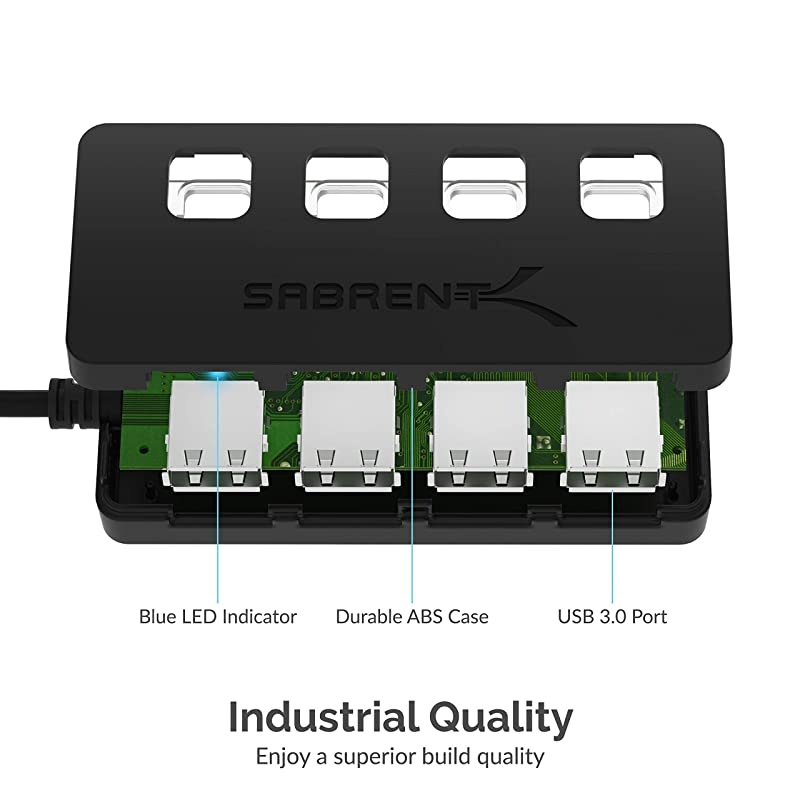 4Port USB 30 Hub with Individual LED Power Switches | 2 Ft Cable | Slim Portable | for Mac PC HBUM43