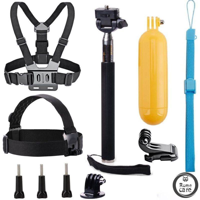 ROME CARE 7 in 1 Universal Action Camera Accessories Bundle-Head Chest Strap Mount/Selfie Stick/Floating Hand Grip Compatible with Campark ACT74/Dragon Touch 4K/AKASO EK7000 Brave 4 5 6/Vantop Moment