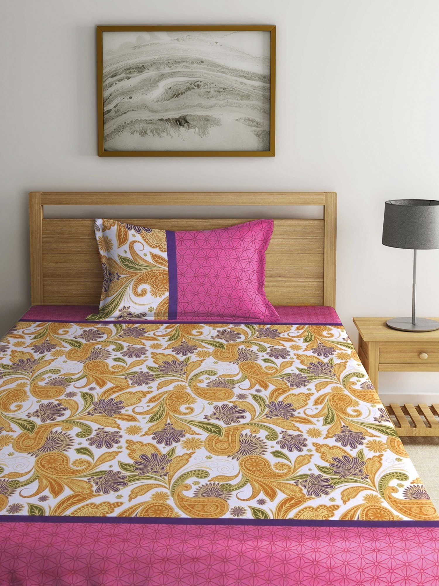 Klotthe Floral Multicolor 210 TC Cotton Single Bedsheet with 1 Pillow Cover