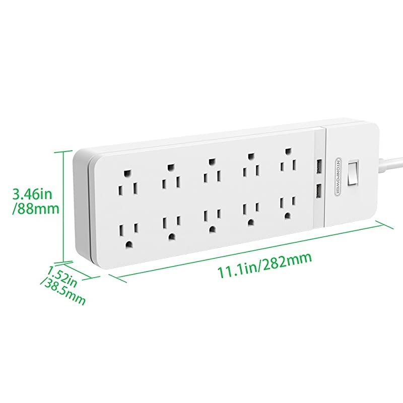 Protector Power Strip NTONPOWER 10 Outlets Power Strip with 2 USB Ports Power Strip Flat Plug 5ft HeavyDuty Extension Cord 15A Circuit Breaker Wall Mount for Home and Office White