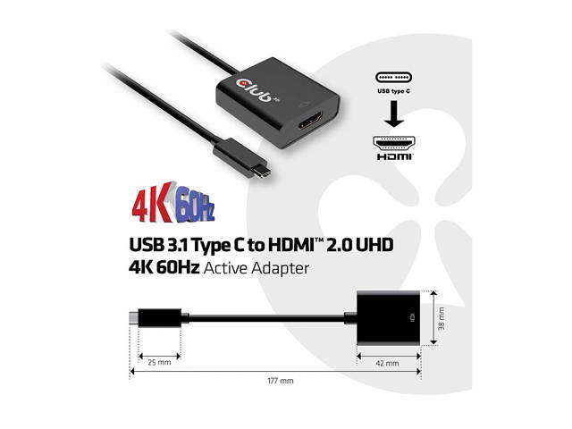 Club 3D Usb 3.1 Type C To Hdmi 2.0 Uhd 4K 60Hz Active Adapter