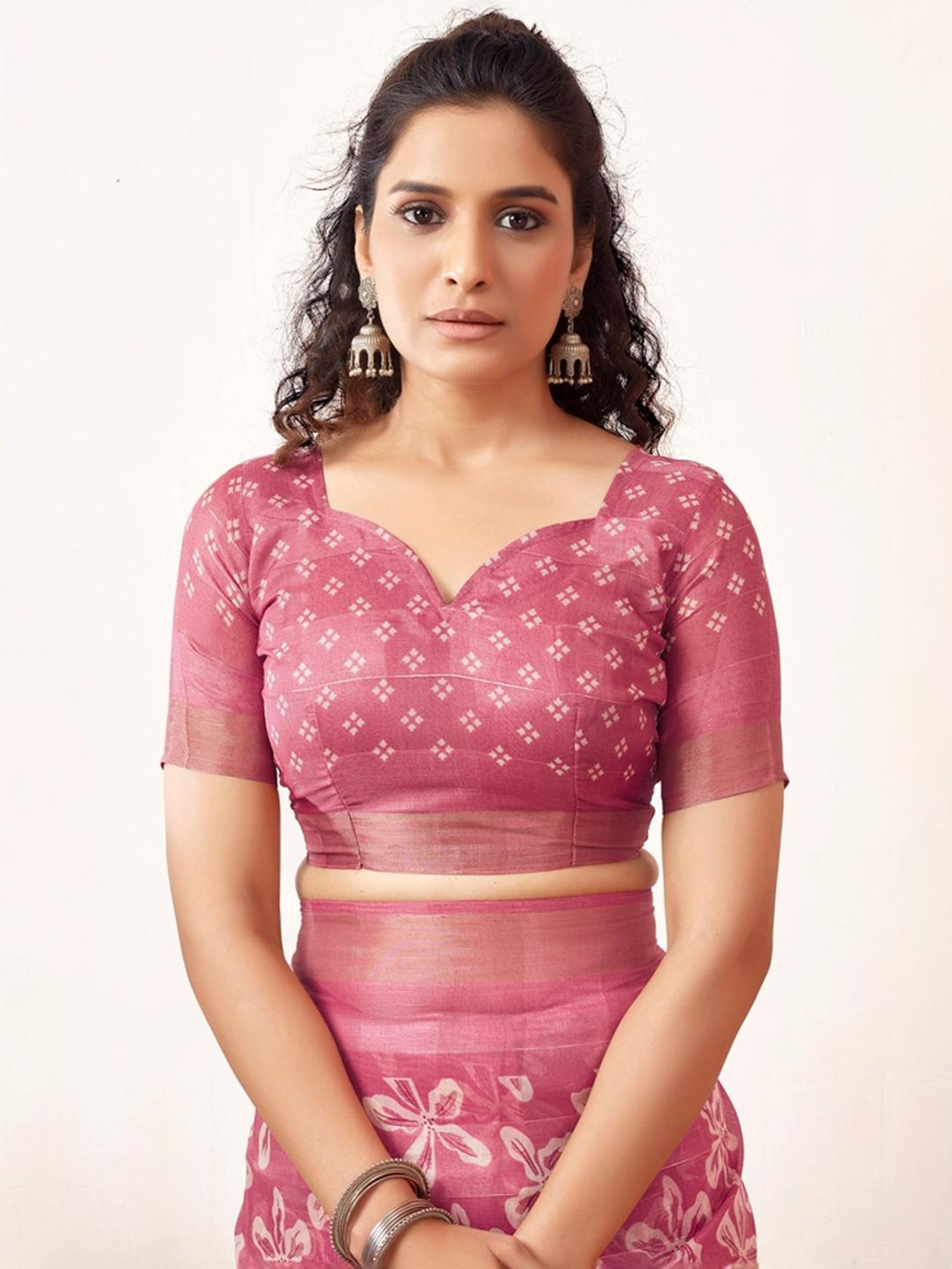 Satrani Pink Floral Print Saree With Unstitched Blouse