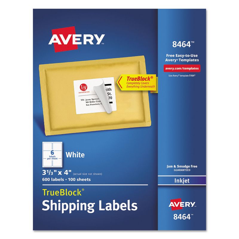Avery Shipping Labels with TrueBlock Technology Inkjet 3 1/3 x 4 White 600/Box 8464