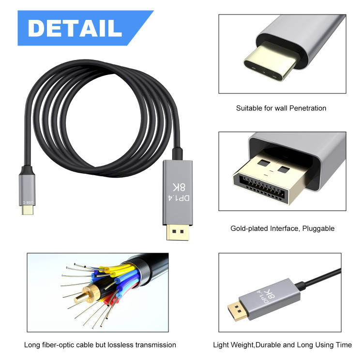 Thunderbolt 3 USB C DP1.4 Type C Cable to Displayport+PD Charging Port 8K HD Video Adapter Cable