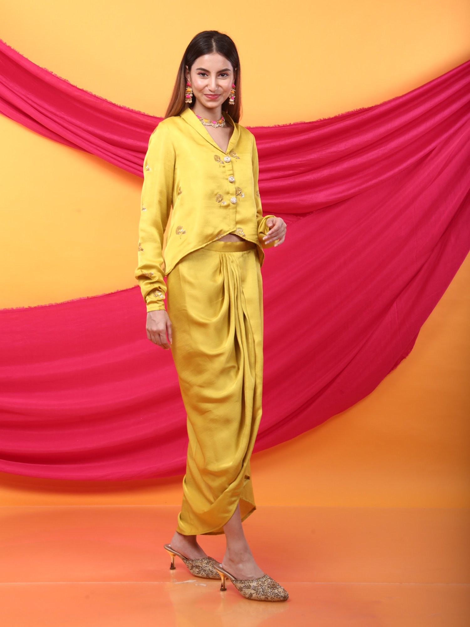 Monk & Mei Gulabo Dhoti and Jacket Co-ordSet-Canary Yellow