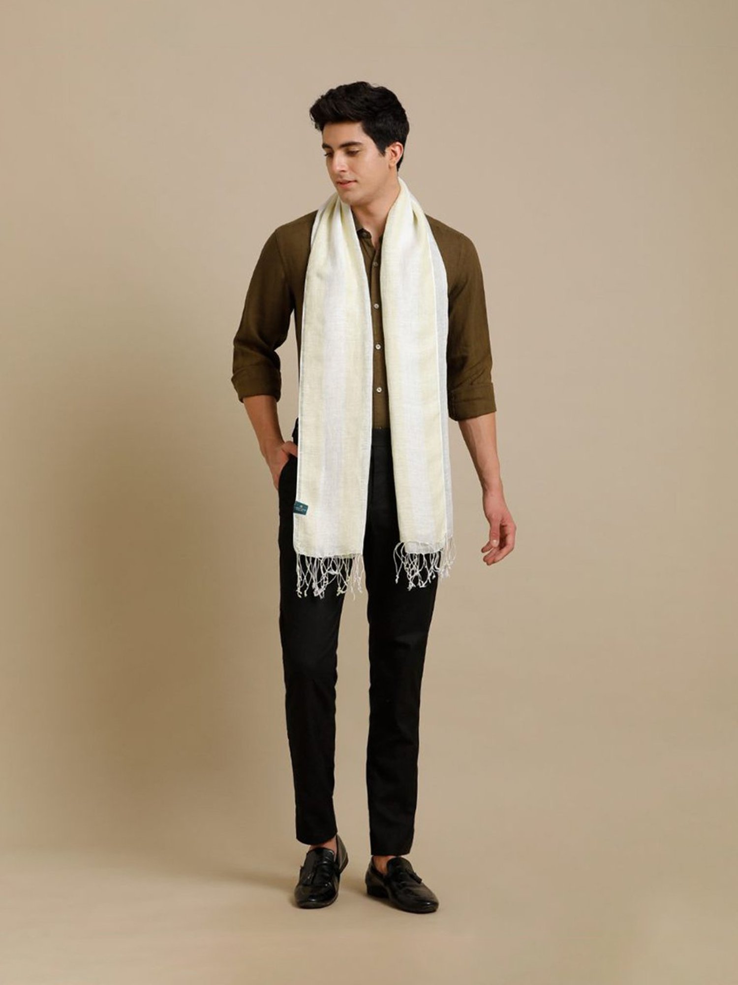 Linen Club White Striped Pure Linen Stole