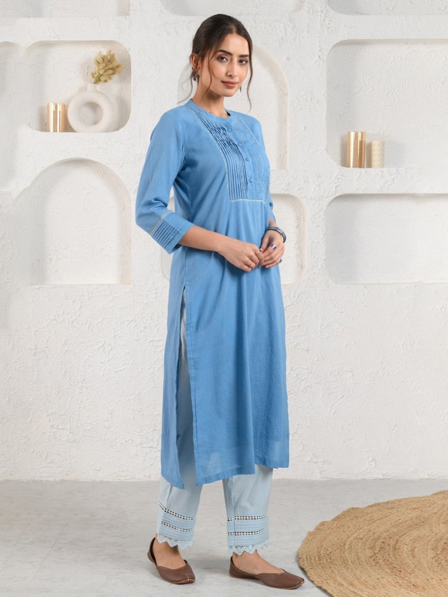 Prakriti Jaipur Blue Pleated Dobby Kurta