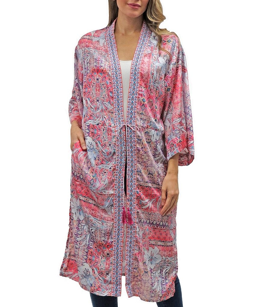 Karyn Seo Palma Patchwork Print Vintage Embroidered Trim Tassel Tie-Waist Detail Kimono Jacket