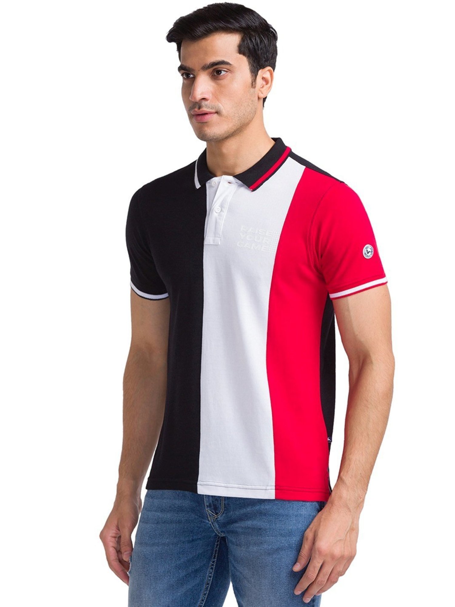 Parx Black & Red Cotton Regular Fit Colour- Block Polo T-Shirt