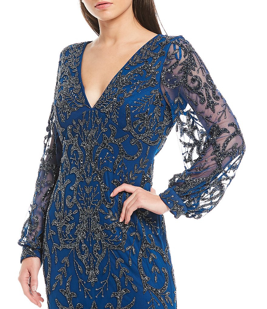 Aidan Mattox Plunge V-Neck Long Illusion Balloon Sleeve Beaded Mesh Side Slit Gown