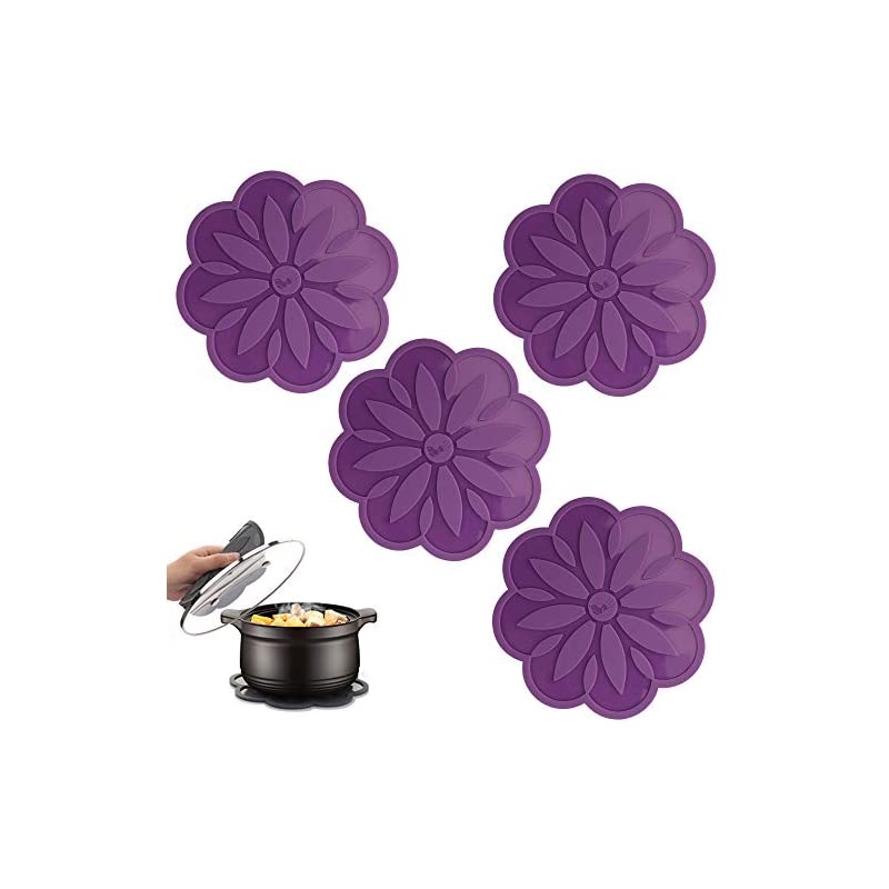 Silicone Trivet Mat [4 Set] Centaury Pot Holders, Hot Pads For Pots & Pans, Jar Opener, Spoon Rest & Coasters Heat Resistant Non Slip Flexible & Durable - Diameter:6.7'' (Deep Purple)
