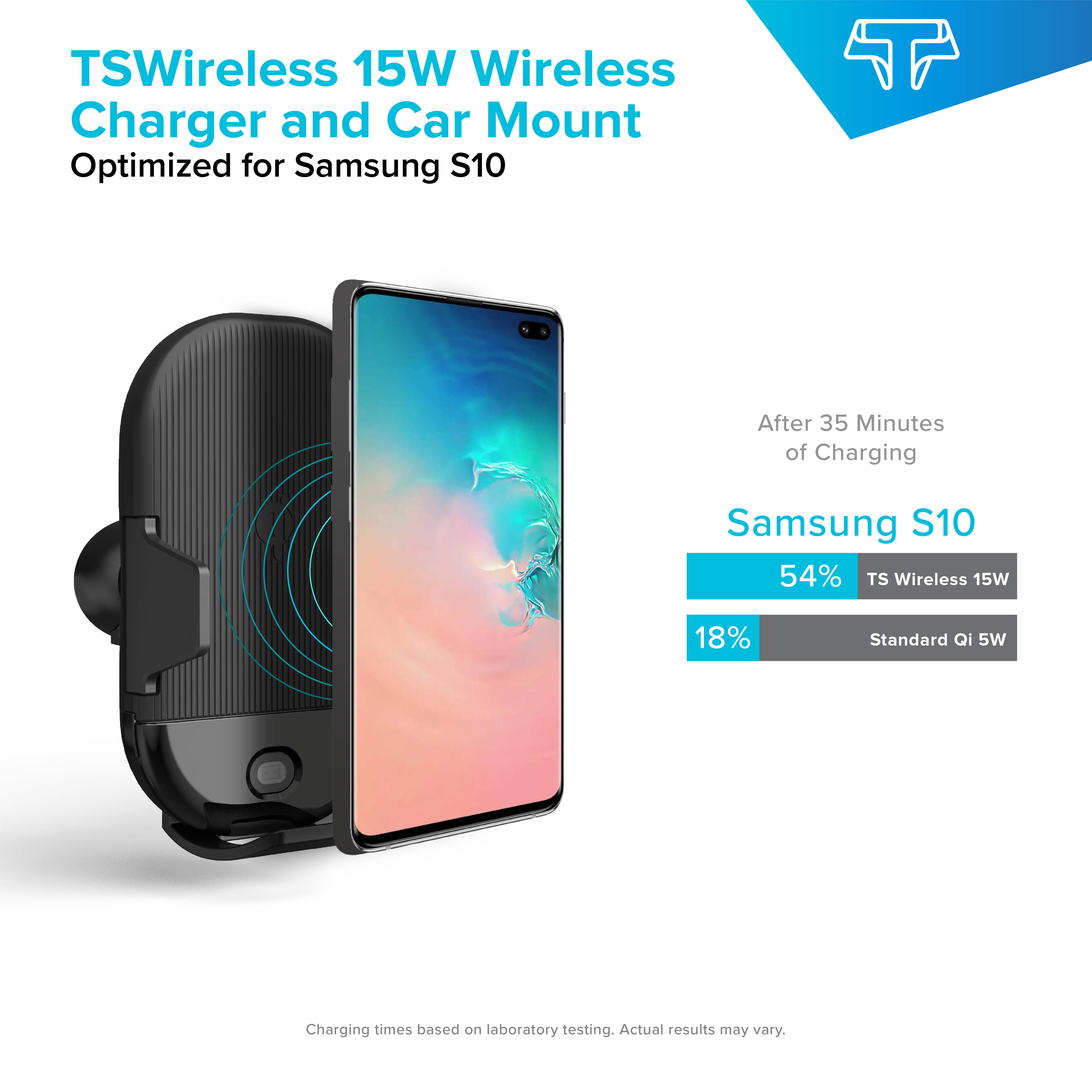 Techsmarter 15W Qi Wireless Car Charger, Fast Charging Cell Phone Mount Holder, Automatic Sensor Clamping Dashboard Air Vent. Compatible with iPhone 11, X, XS, XR, 8, Samsung S10, S9, S8, Note