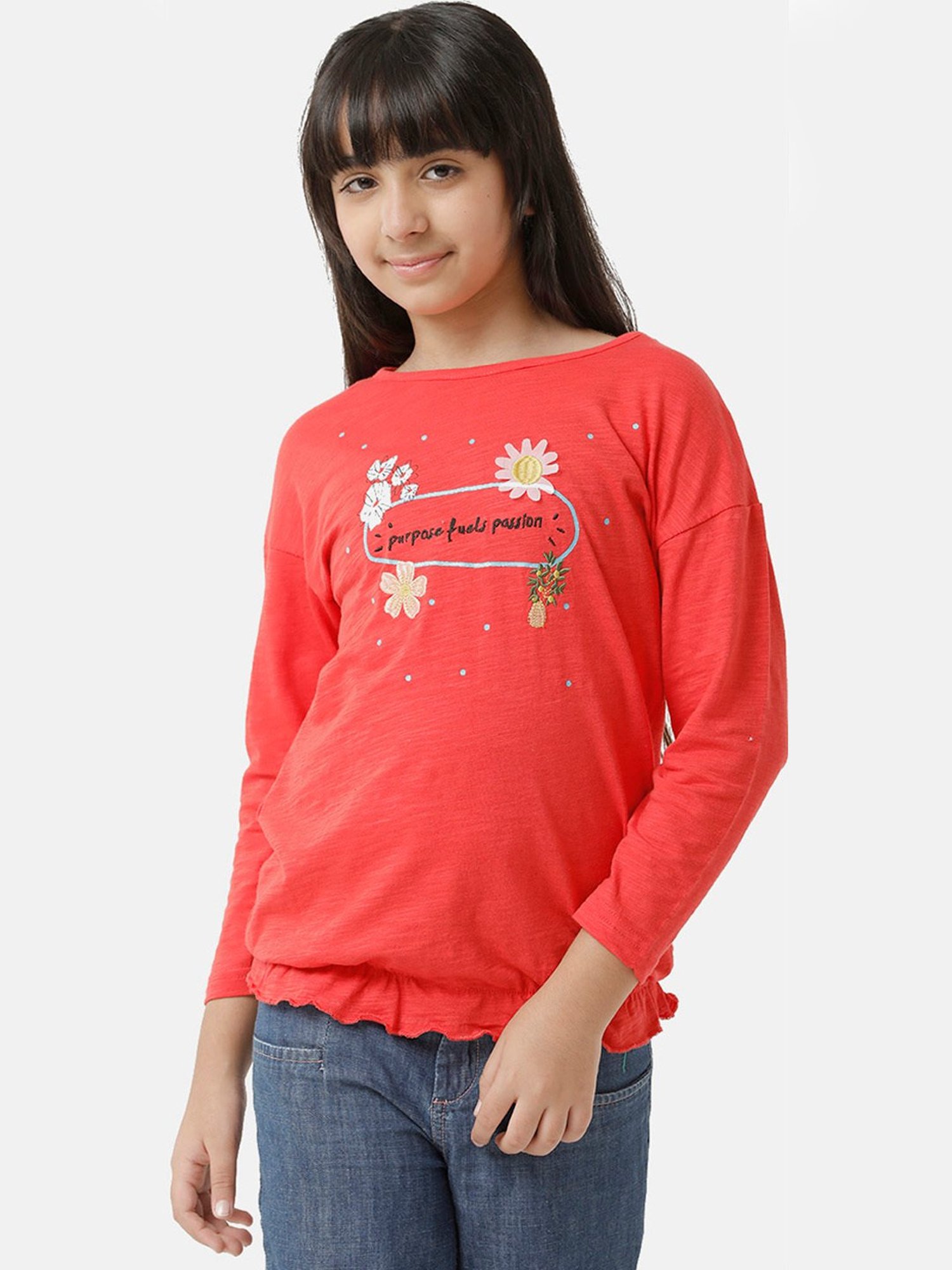 Under Fourteen Only Kids Red Embroidered Full Sleeves Top