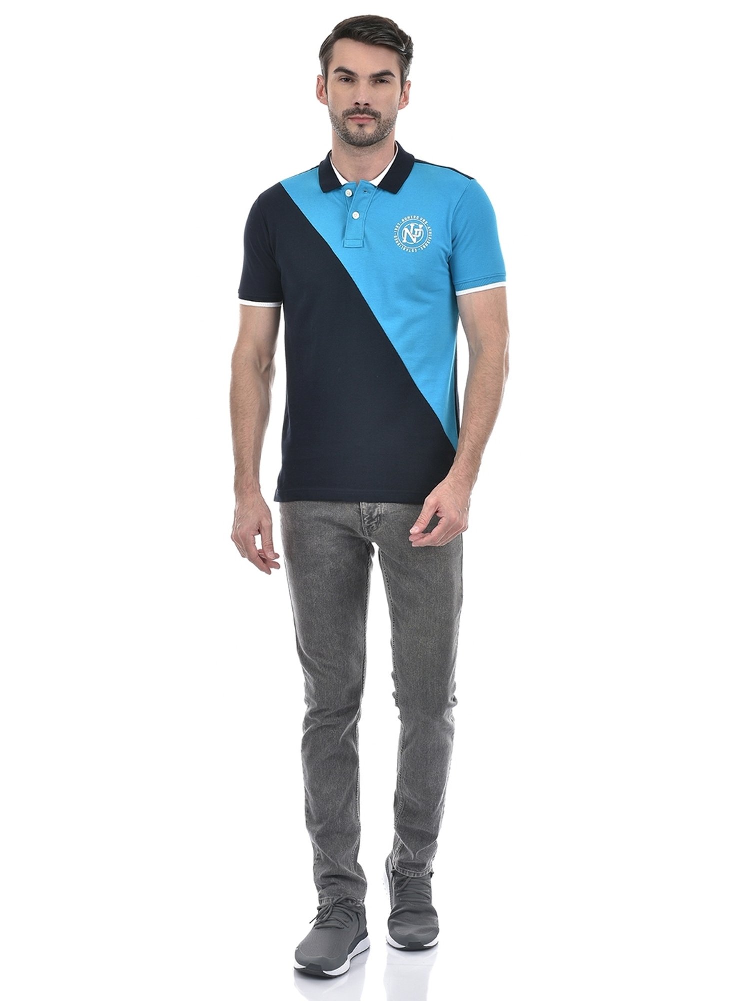 Numero Uno Blue Cotton Regular Fit Colour Block Polo T-Shirt