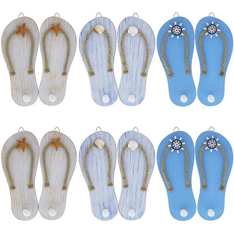 Okuna Outpost 6 Pair Wooden Flip Flop Towel Decorative Wall Hooks, Nautical Beach Decorations for Home