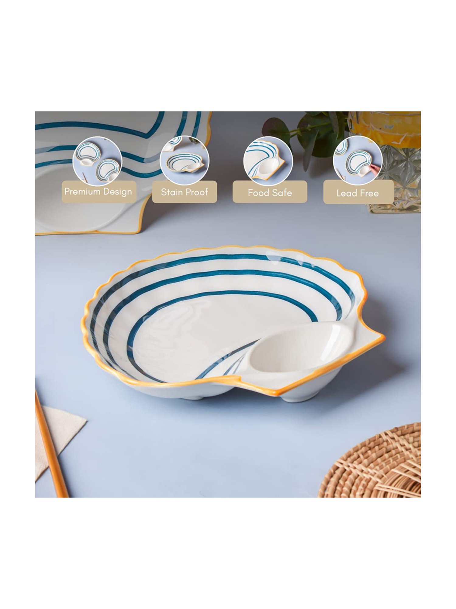 Nestasia Printed &iquest;White &iquest;Ceramic Nitori Shell-Shaped Plates with Section - Set of 2