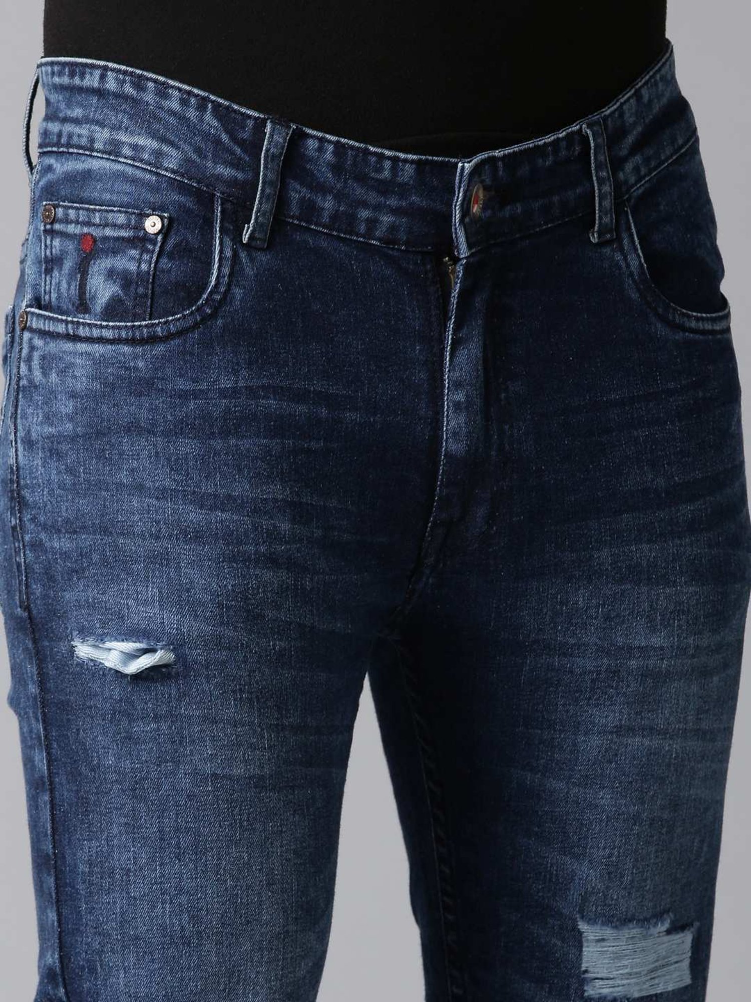 CINOCCI Denim Blue Cotton Slim Fit Distressed Jeans