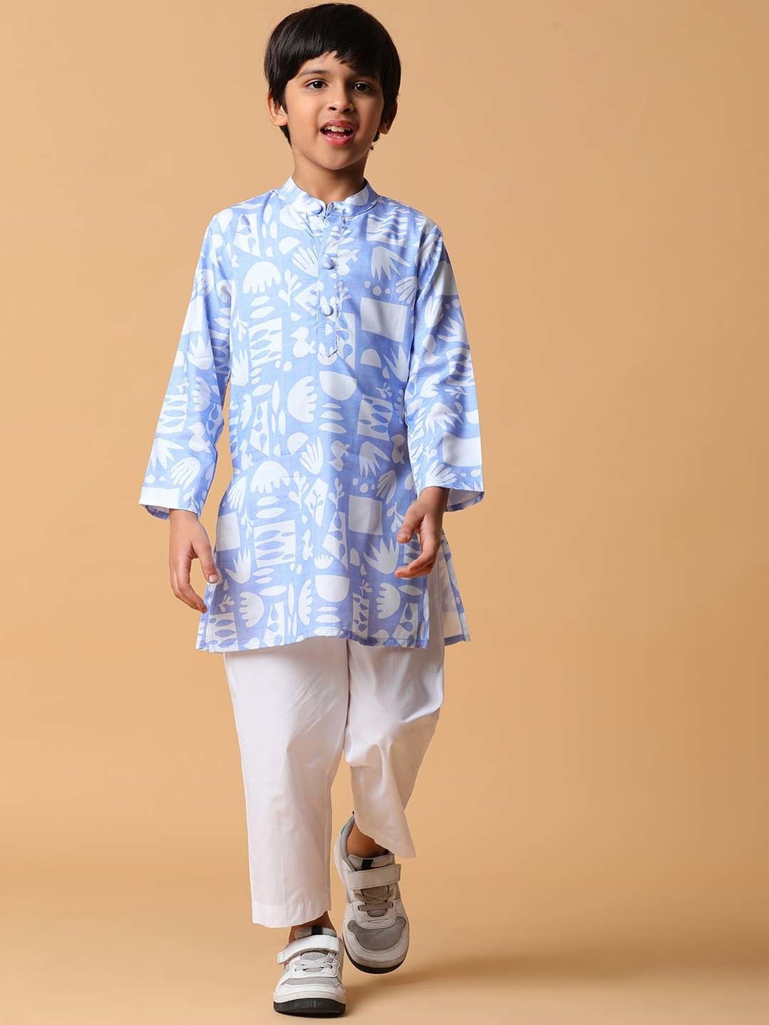 Tales & Stories Kids Blue & White Printed Full Sleeves Kurta Set