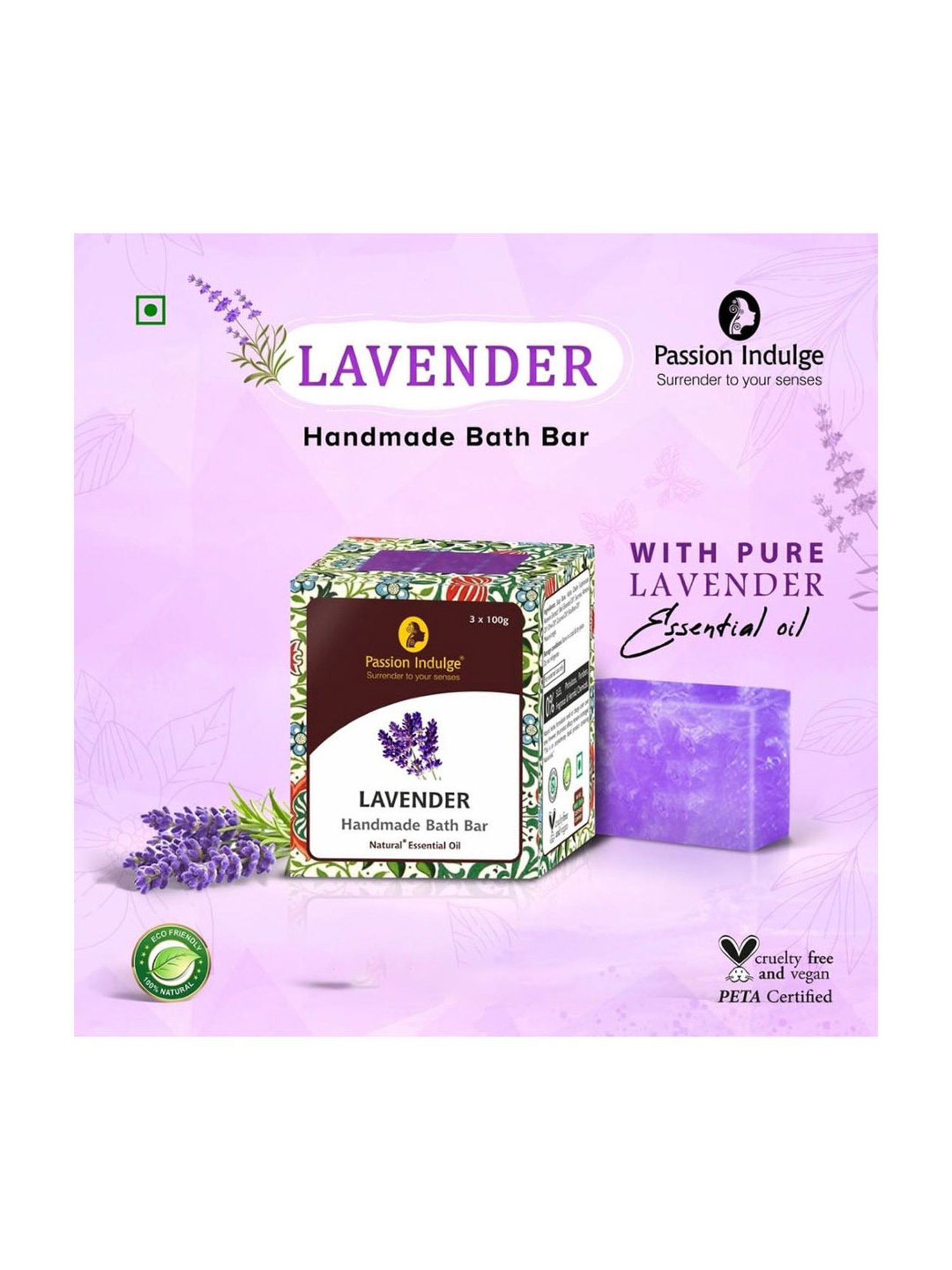 Passion Indulge Natural Handmade Bath Bar Soap Lavender - 300 gm (Pack of 3)