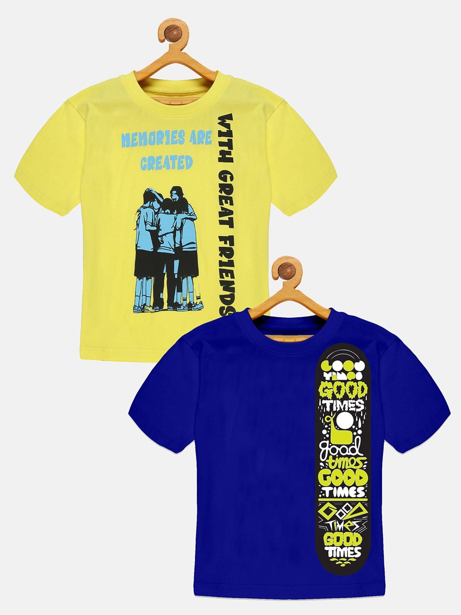 Kiddopanti Kids Lime Yellow & Royal Blue Printed T-Shirt (Pack Of 2)