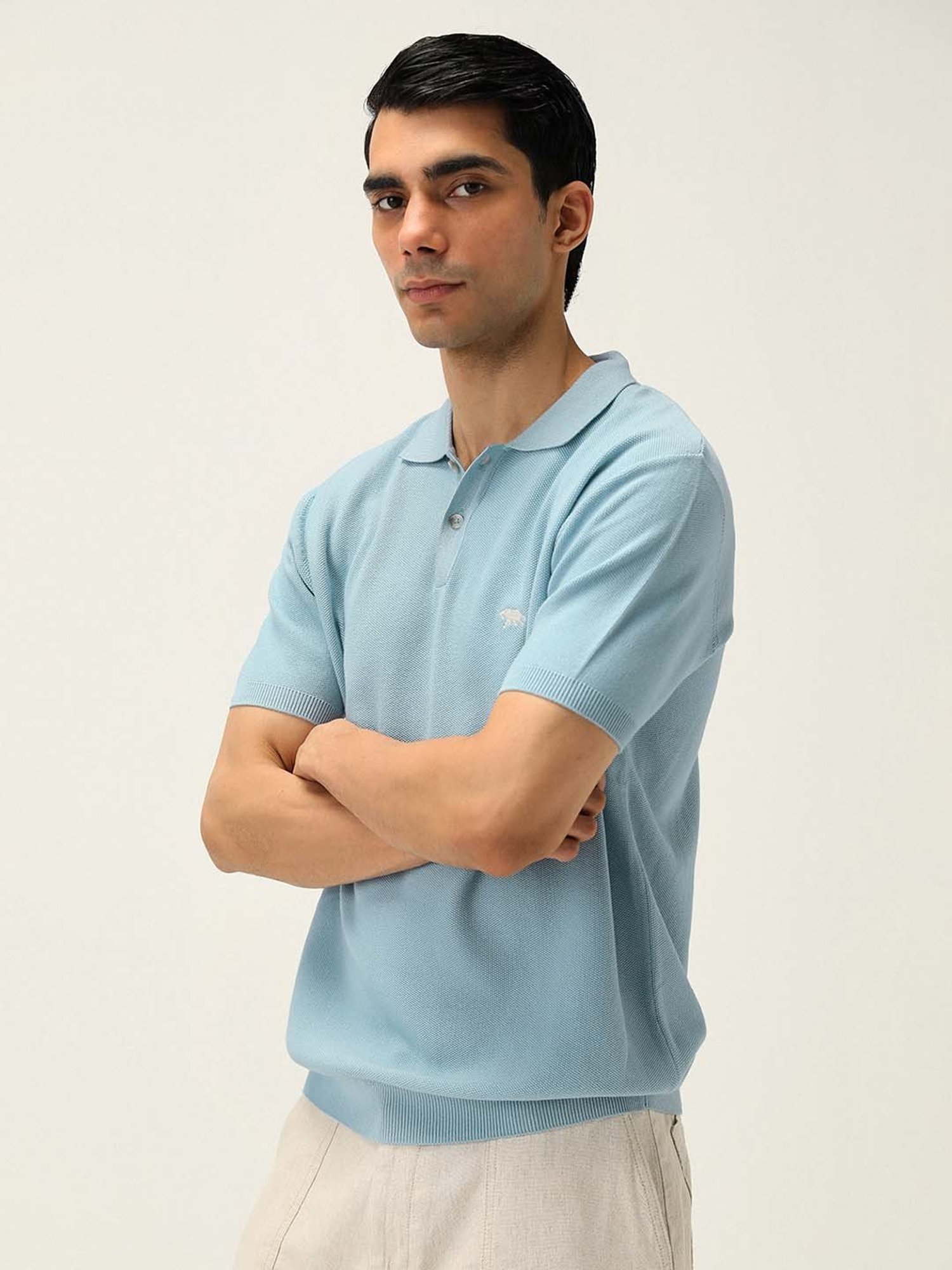 ANDAMEN Light Blue Regular Fit Textured Polo T-Shirt