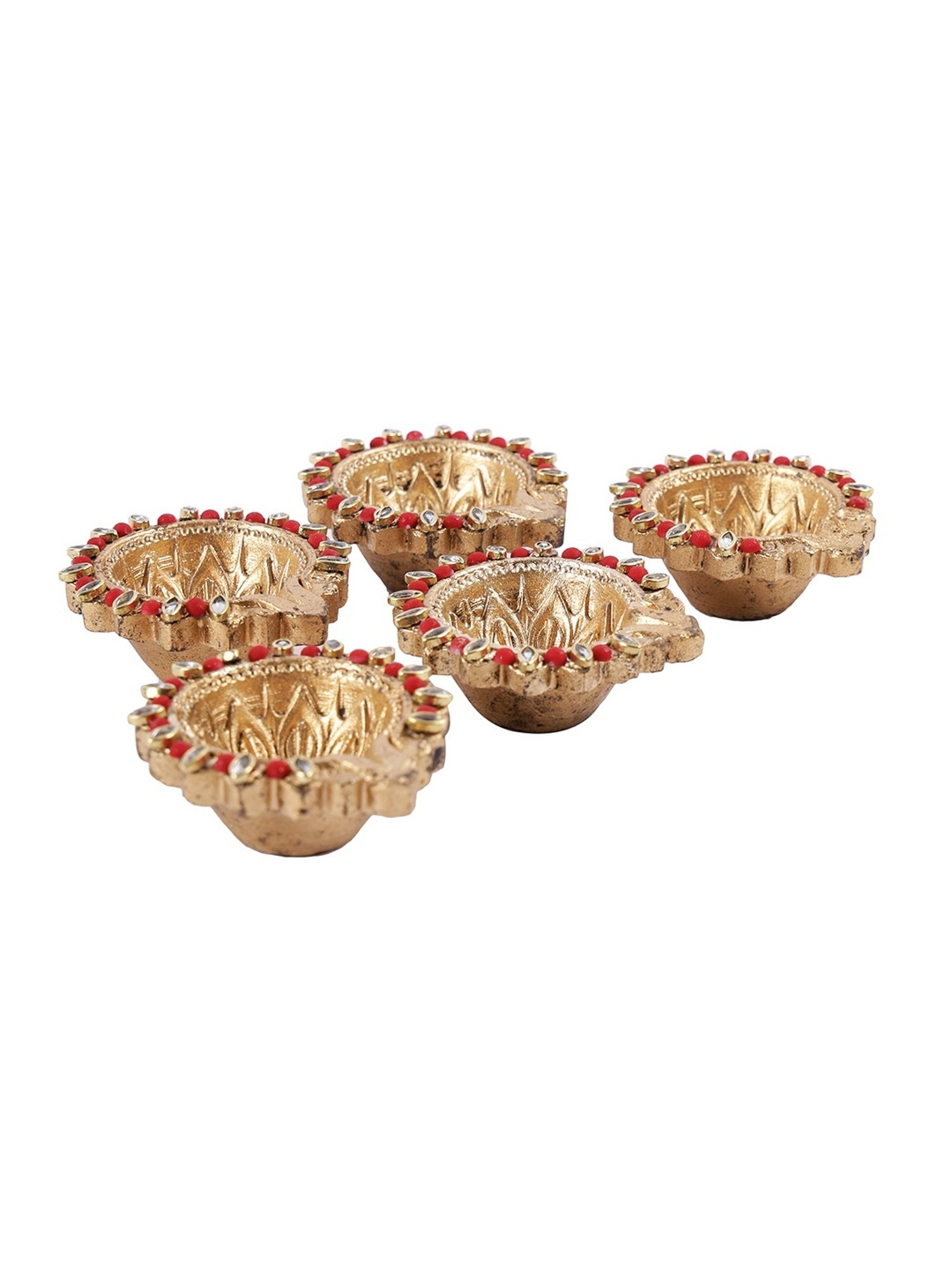 Aapno Rajasthan Solid Golden & Green Terracotta Diya - Set of 5