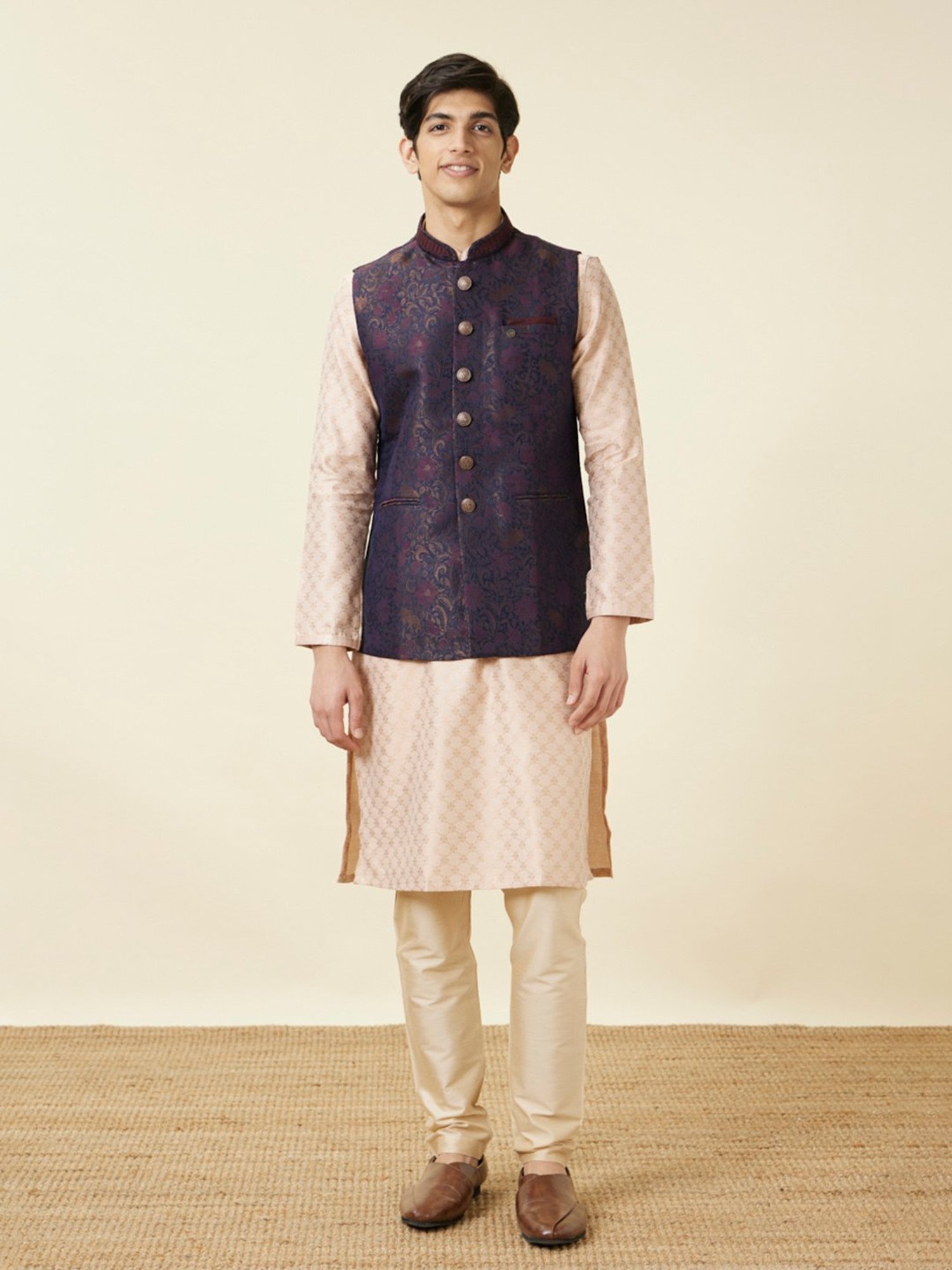 Manyavar Navy Regular Fit Printed Nehru Jacket