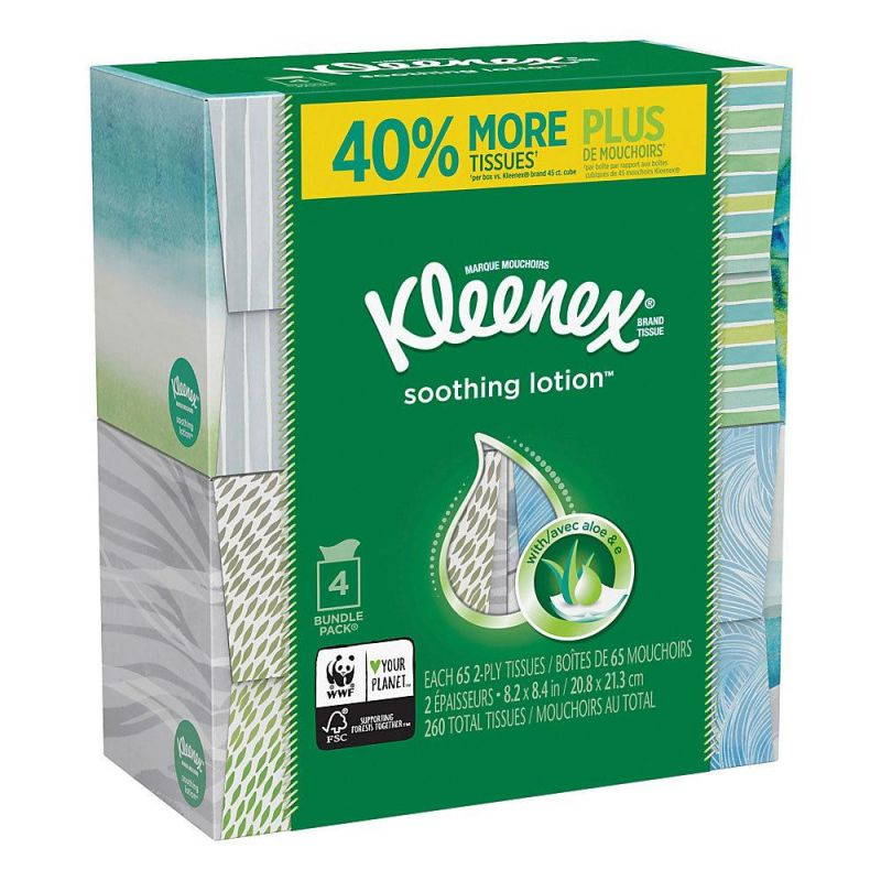 Lotion Facial Tissue, 2-Ply, White, 65 Sheets/Box, 4 Boxes/Pack 50174