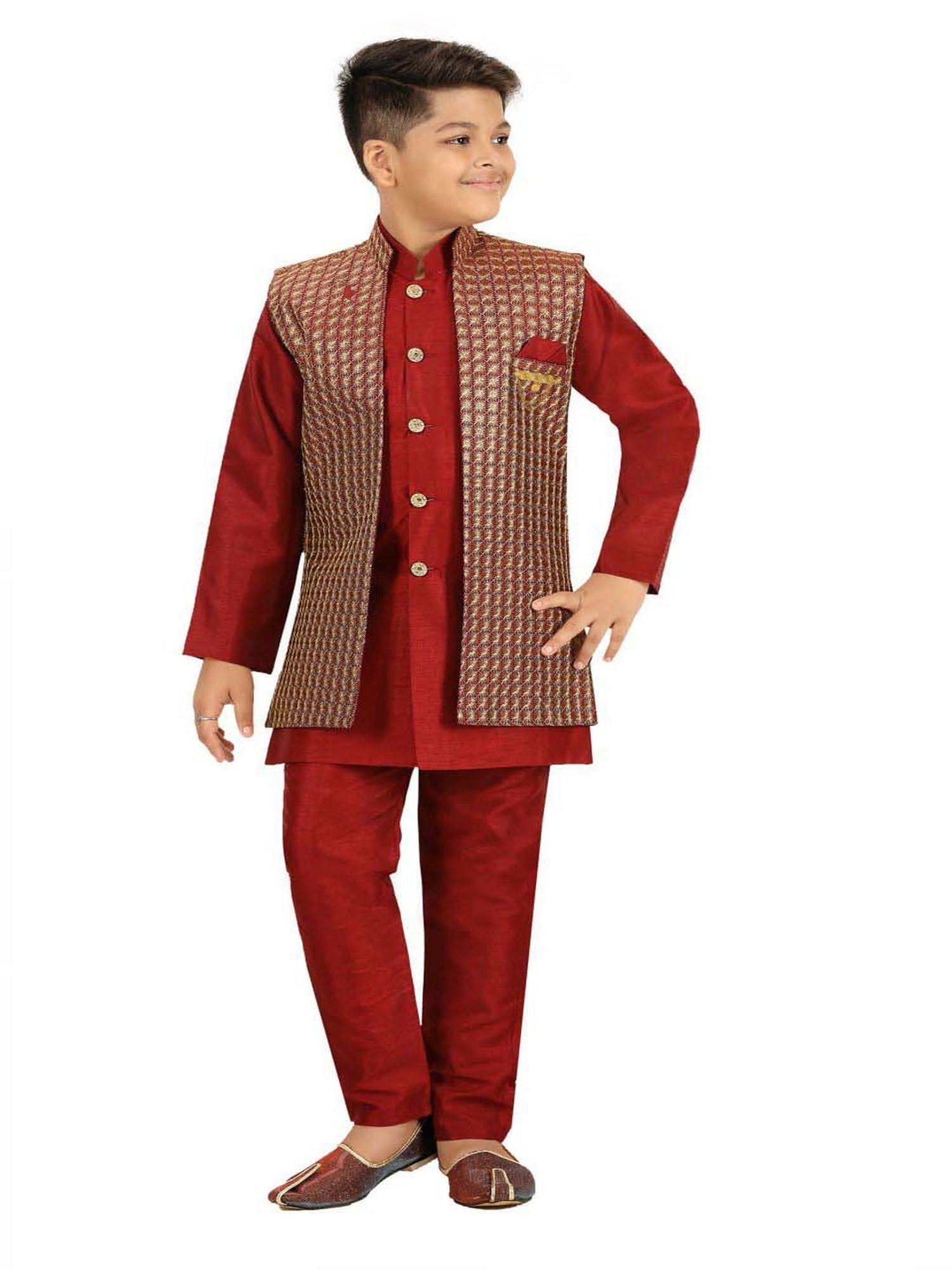 Ahhaaaa Kids Maroon Embellished Full Sleeves Kurta Set