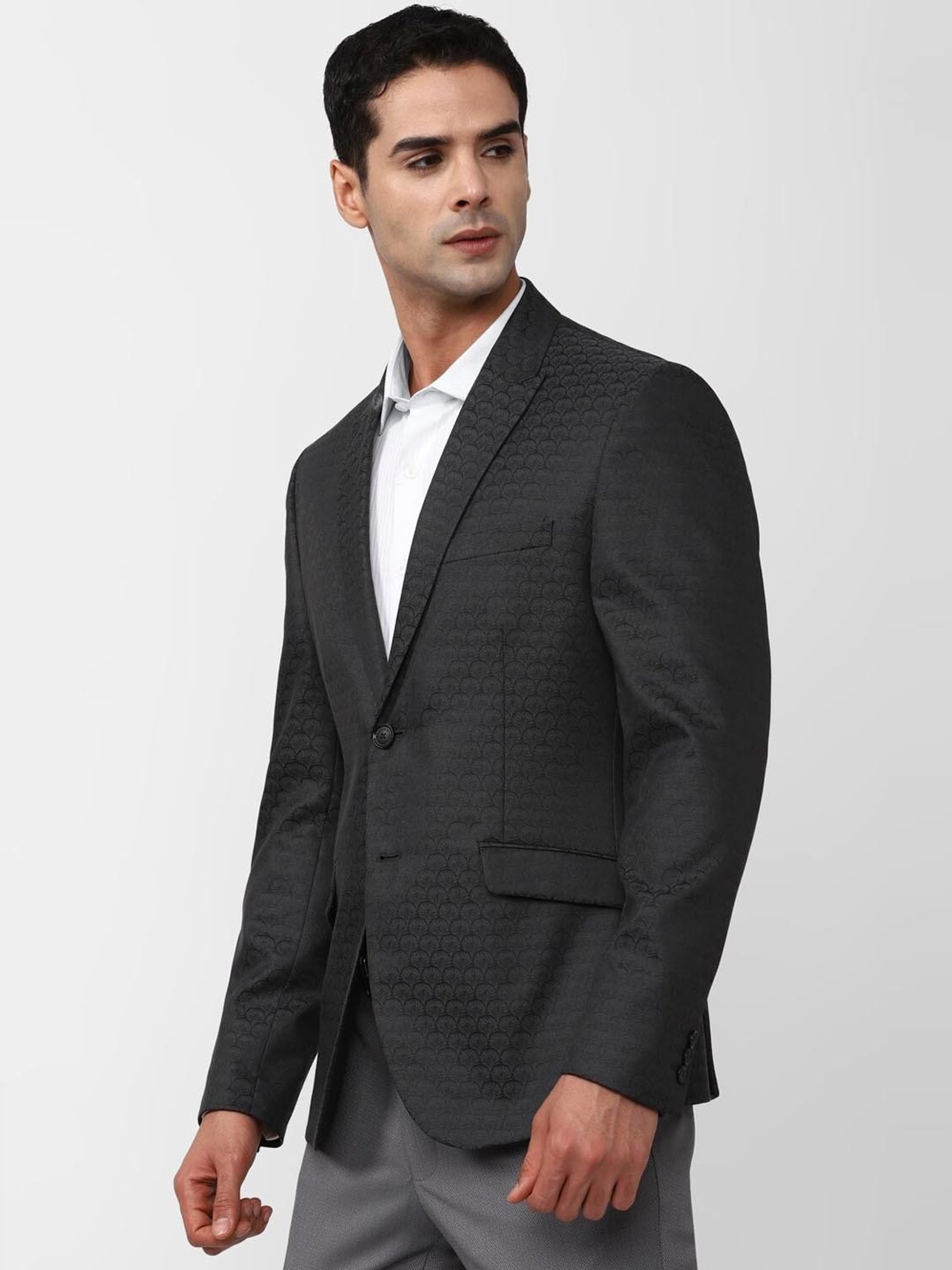 V Dot Black Skinny Fit Printed Blazer