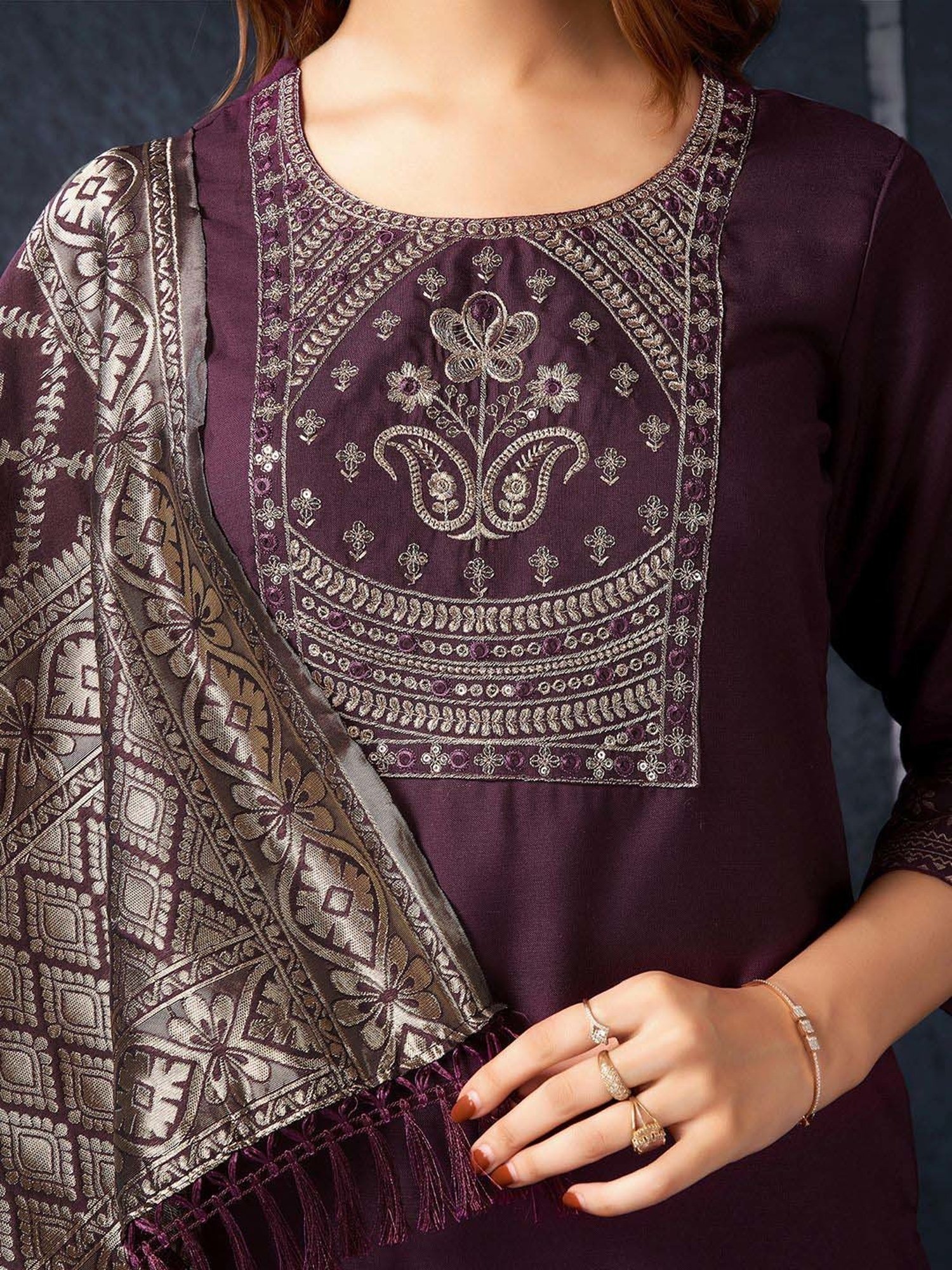 Skylee Maroon Cotton Embroidered Kurta Pant Set With Dupatta