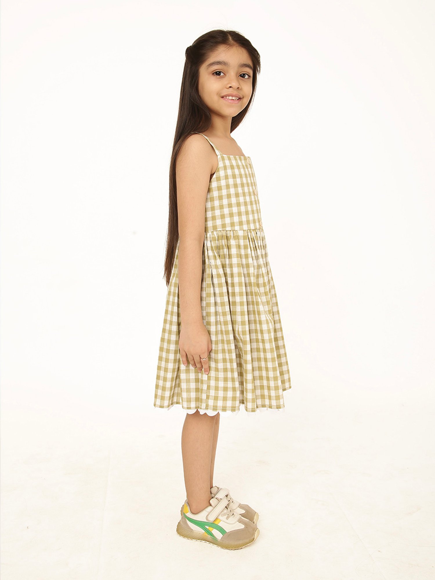 A Little Fable Girls Green & White Checks Dress