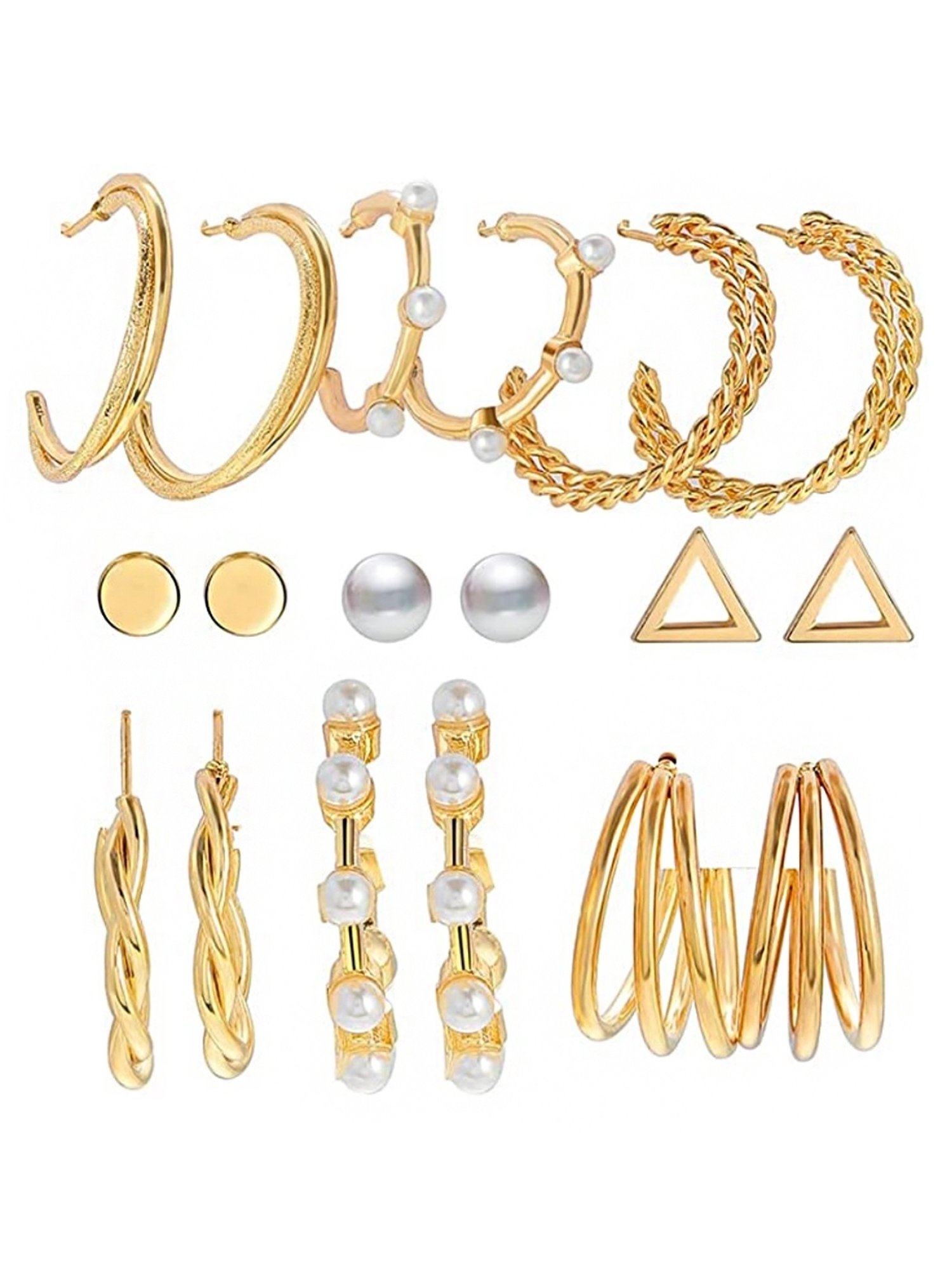 OOMPH Golden Tone Crystal & Pearl Fashion Ear Drop & stud Earrings for Women - Set of 9