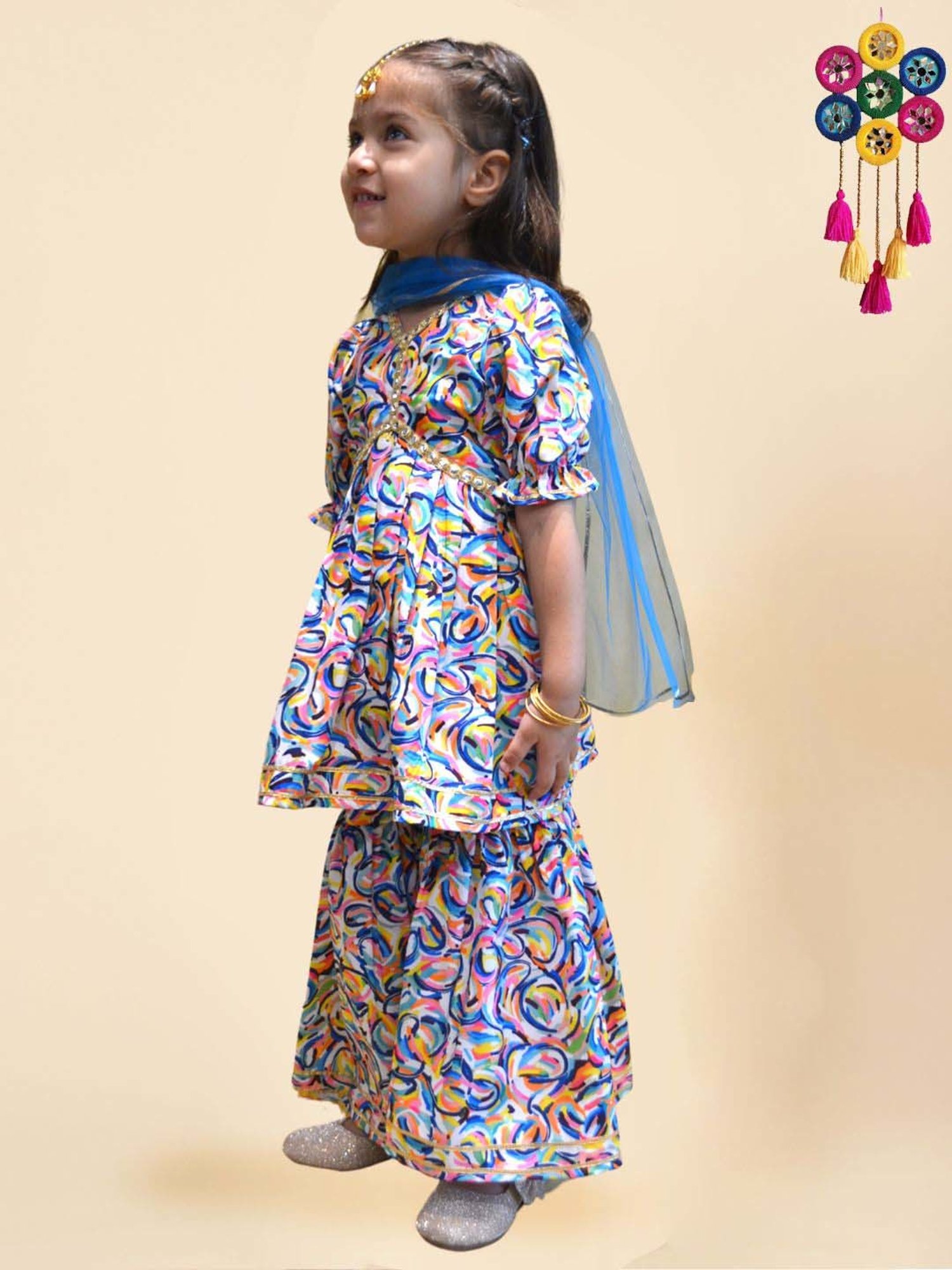 A.T.U.N. Girls Turquoise Printed Kurta Set