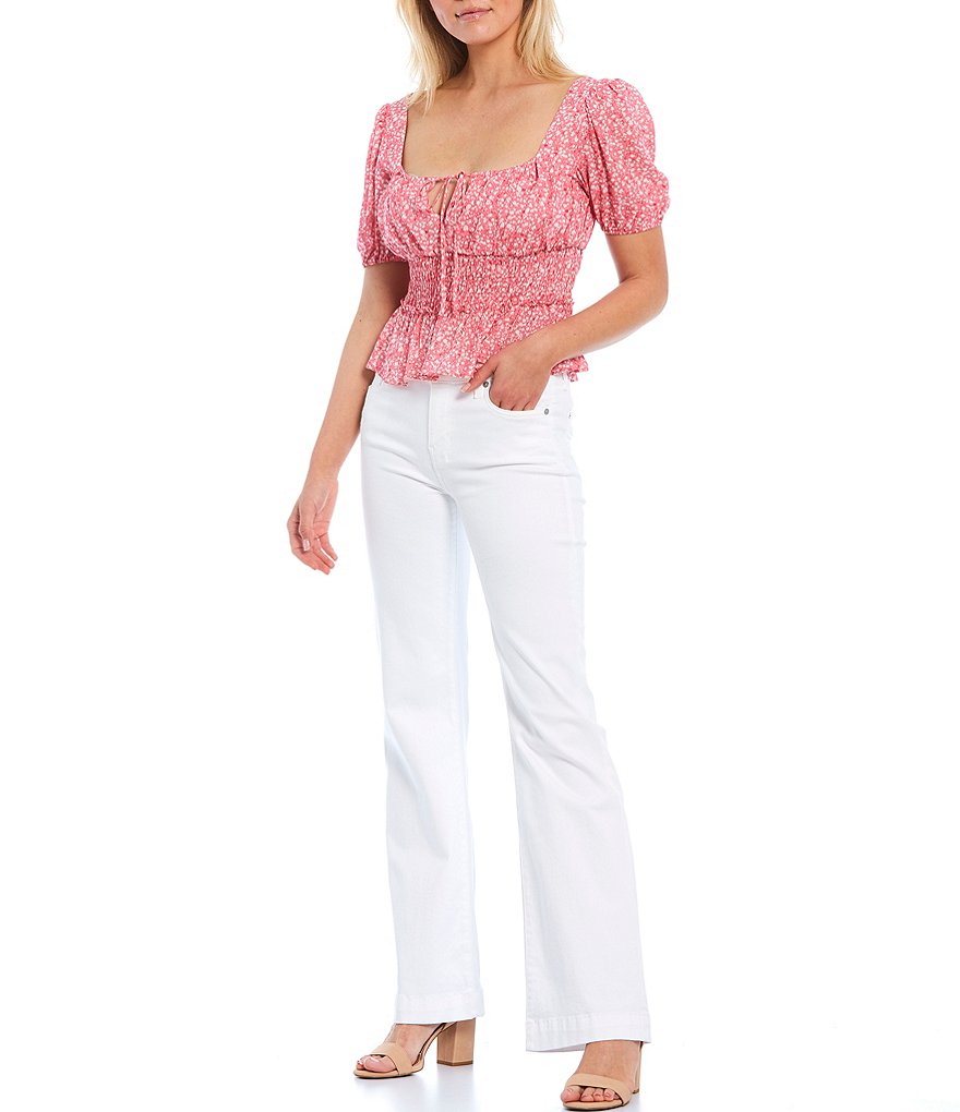 WAYF Cherise Ditsy Floral Print Square Neck Puff Sleeve Smocked Waist Top