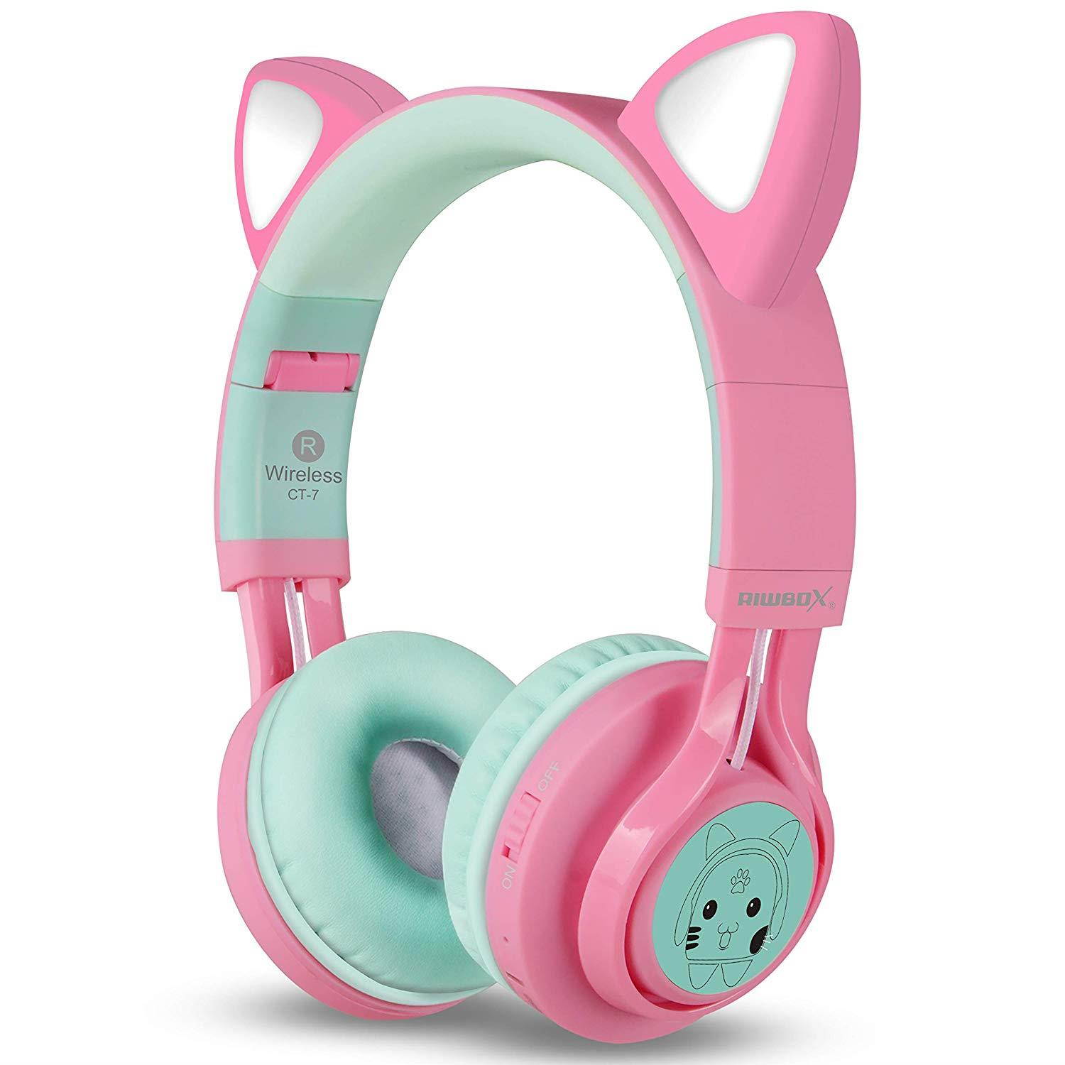 Riwbox Bluetooth Headphones, Riwbox CT-7 Cat Ear LED Light Up Wireless Foldable Headphones Over Ear Microphone Volume Control iPhone/iPad/Smartphones/Laptop/PC/TV (Pink&Green)