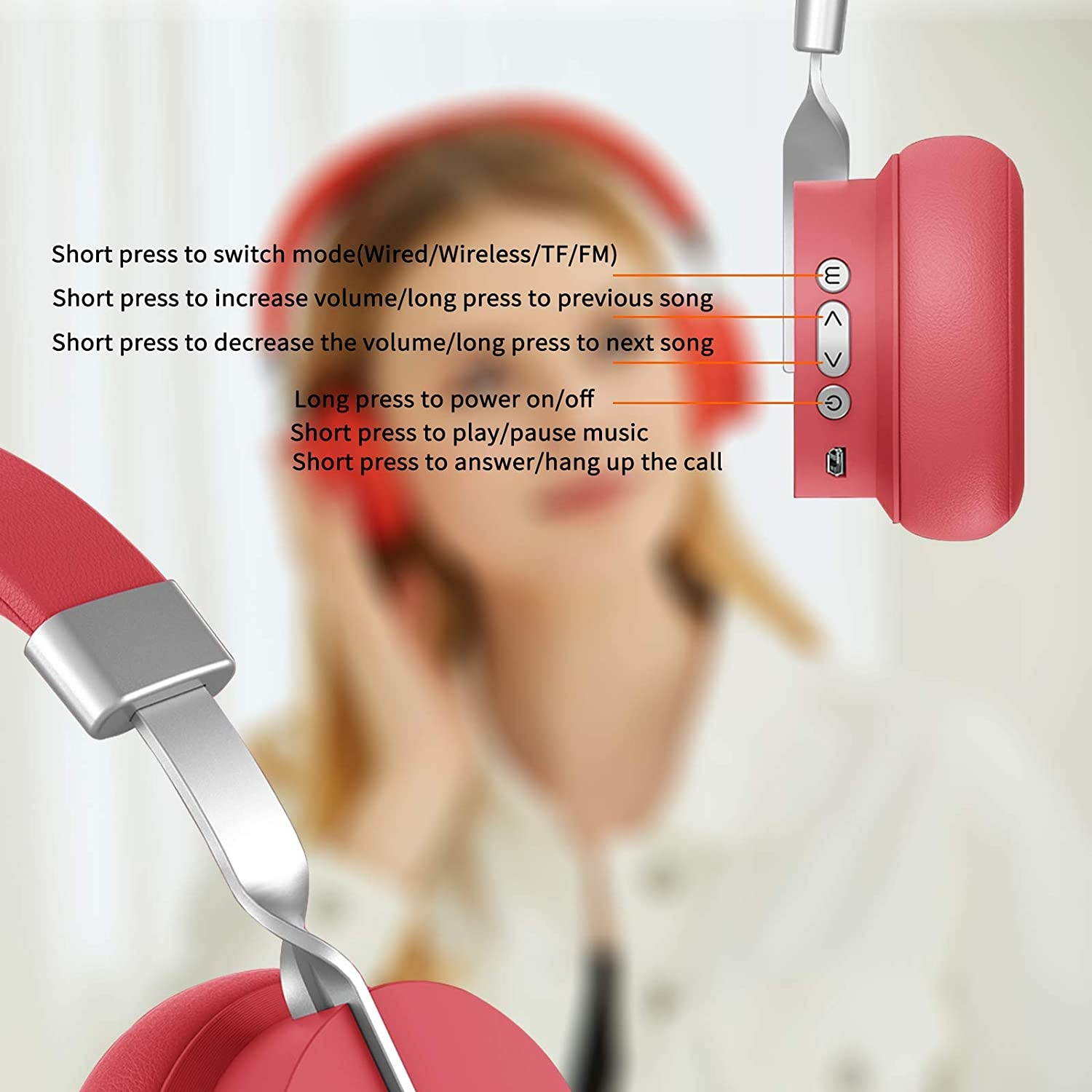 Fingertime P3 Wireless Headset On-Ear Headset 15H Playtime Hi-Fi Stereo Wireless Headsets Deep Bass Wired/Wireless Bluetooth Headphones Bluetooth 5.0 Wireless Headphones Built-in Mic (Red)