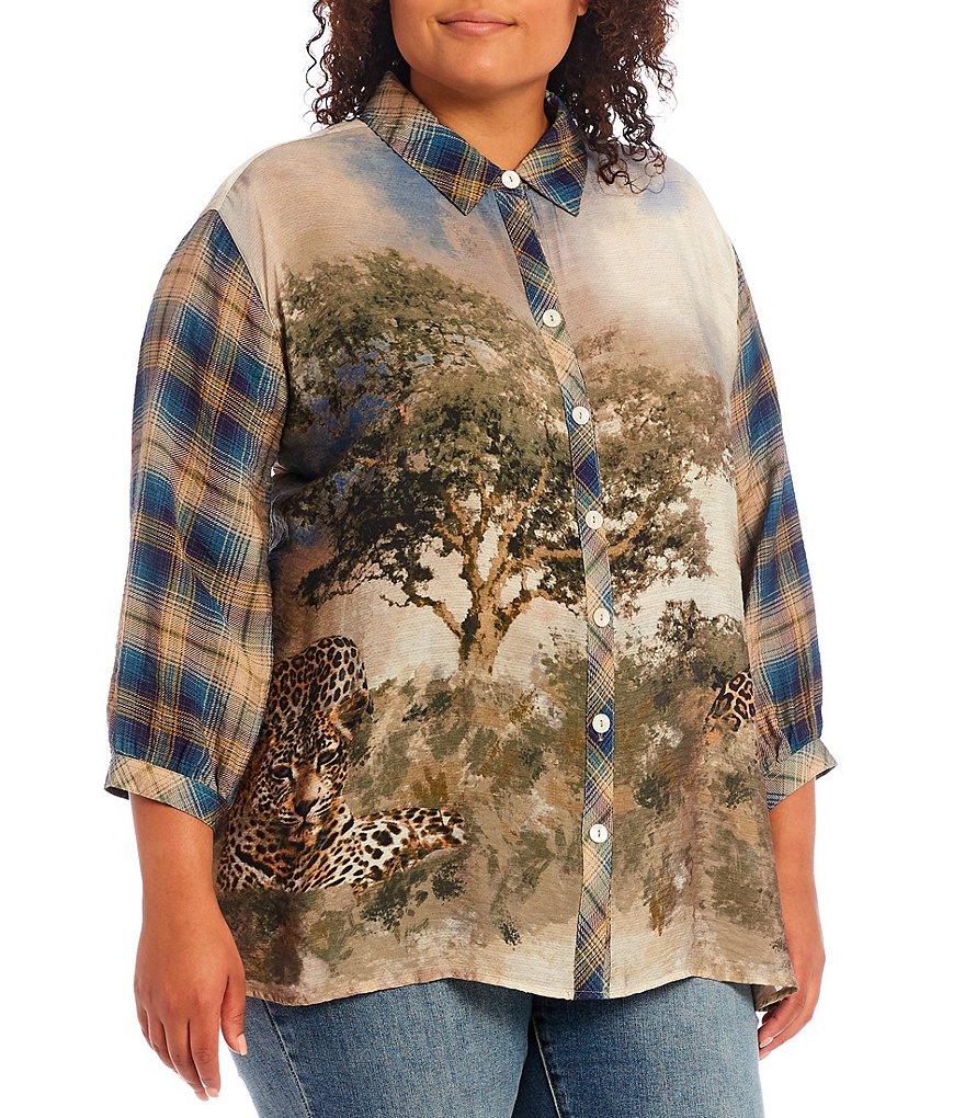 John Mark Plus Size Plaid & Animal Nature Print Button Down Hi-Low 3/4 Sleeve Point Collar Tunic