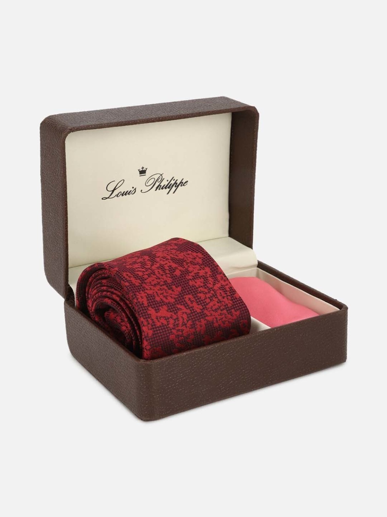 Louis Philippe Red Embroidered Tie with Pocket Square