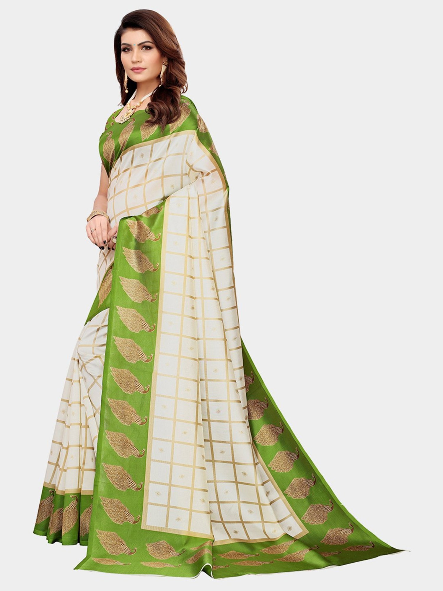 KSUT Green & Beige Check Saree With Blouse