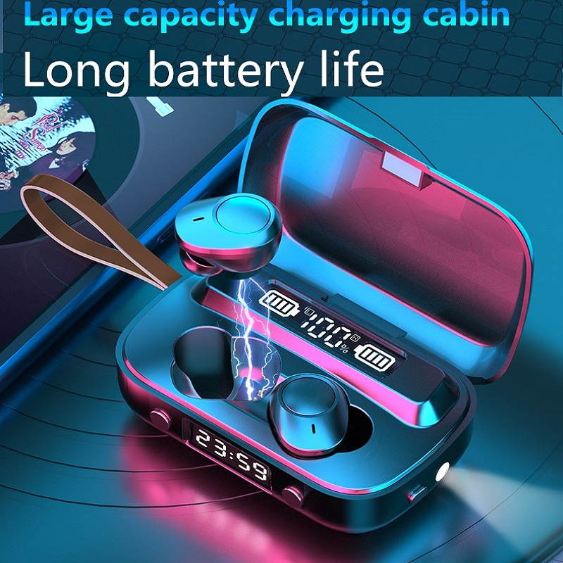 True Wireless Earbuds Bluetooth 5.0 Headphones, IPX7 Waterproof Earphones, HD indicator for battery capacity, integrated with clock and flashight,110H Playtime w/ 3300mAh Charging Case