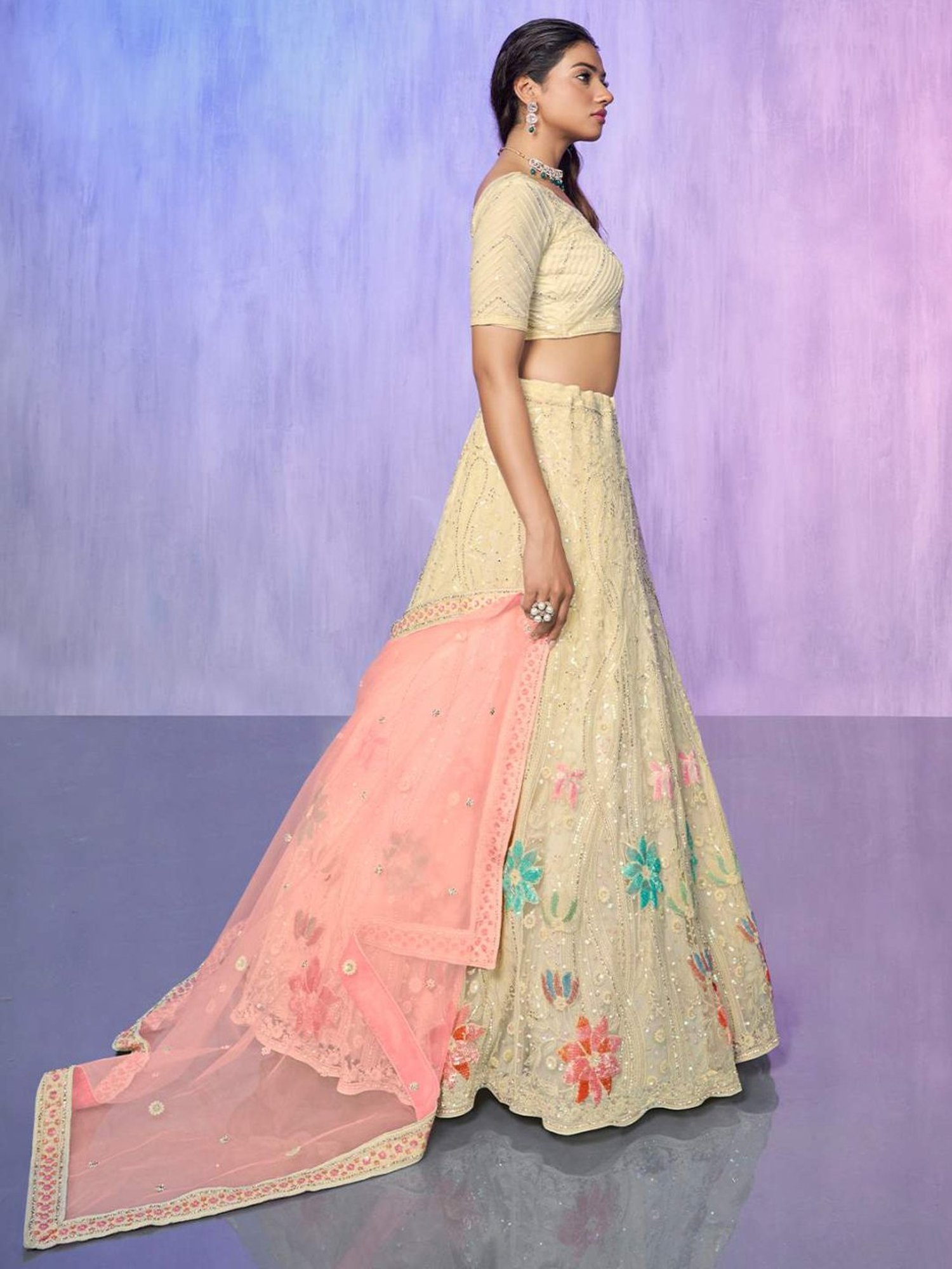 Odette Beige Embroidered Semi Stitched Lehenga Blouse Set With Dupatta