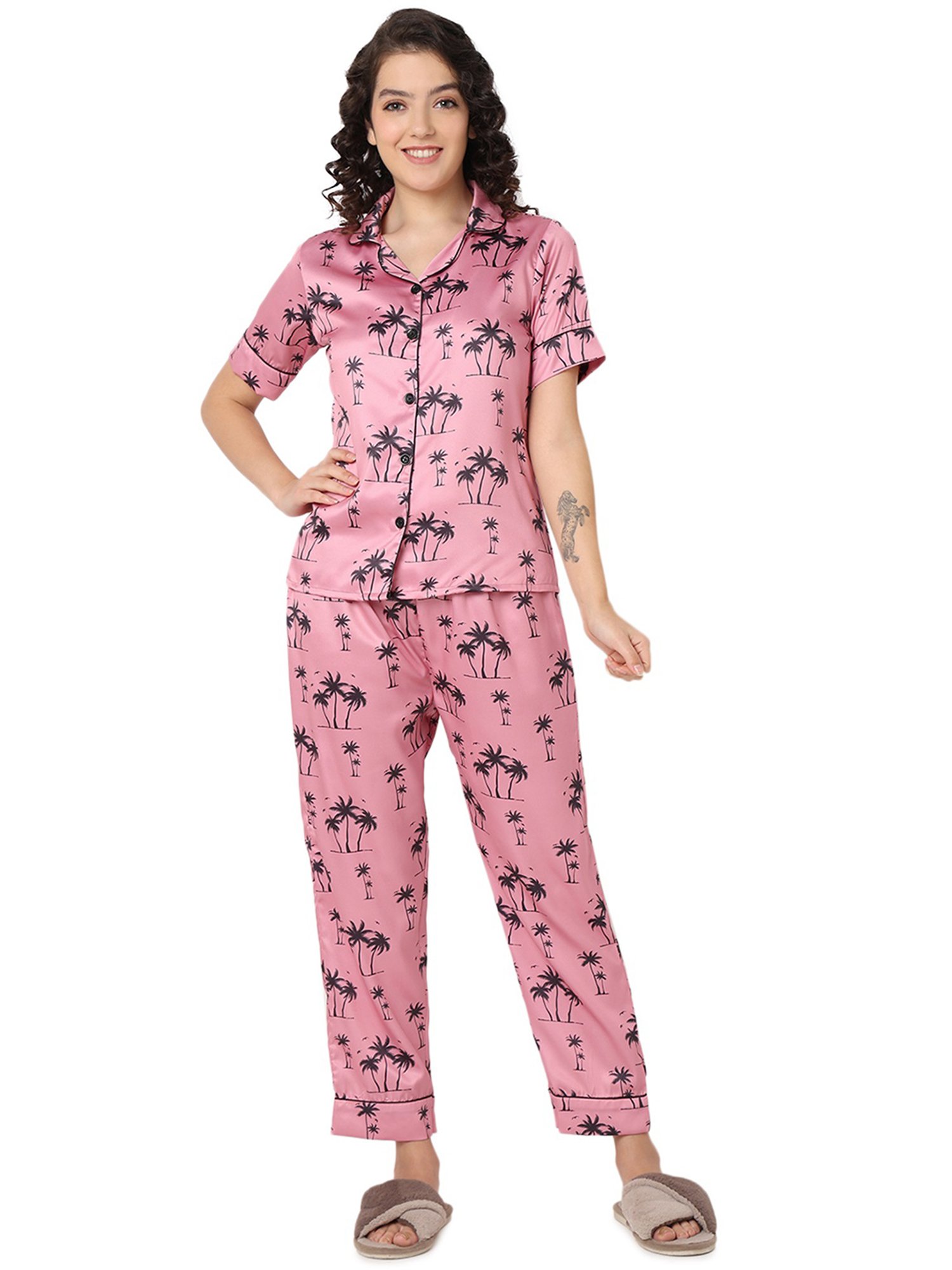 Smarty Pants Pink & Black Satin Printed Shirt With Pyjamas