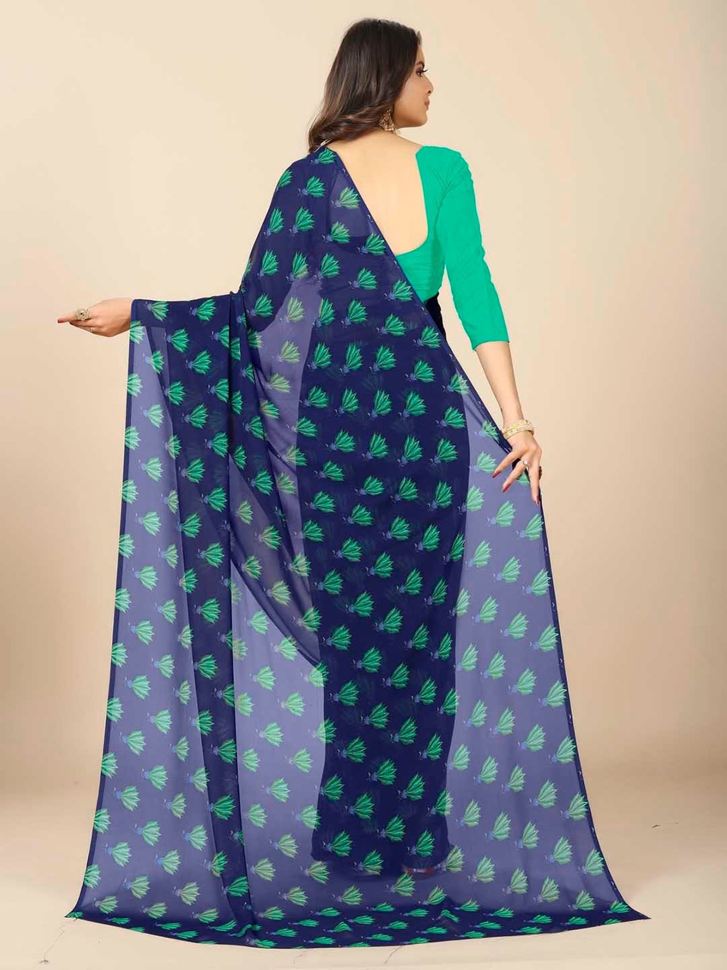 Rangita Navy Printed Saree With Blouse