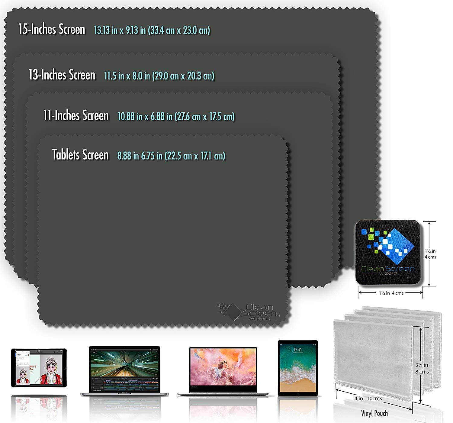 Clean Screen Wizard Microfiber Keyboard Covers, Screen Protectors, Screen Cleaner Kit for MacBook Pro 15, for MacBook Pro 13, Mac Air 13 and Laptops Multi Size Screens- 5 Pack Cloths and Sticker